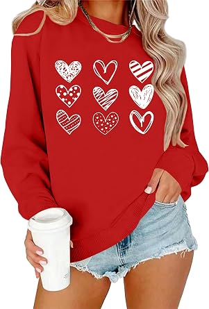 CAZYCHILD Valentines Day Sweatshirt for Women Love Heart Graphic Long Sleeve Valentine Pullover Top Casual Valentines Gifts