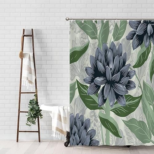 Miniatura 555 de Cortinas de ducha de baño con ganchos, 72 x 92 pulgadas, cortina de ducha de tela impermeable con diseño de flores y pájaros, cortina de ducha