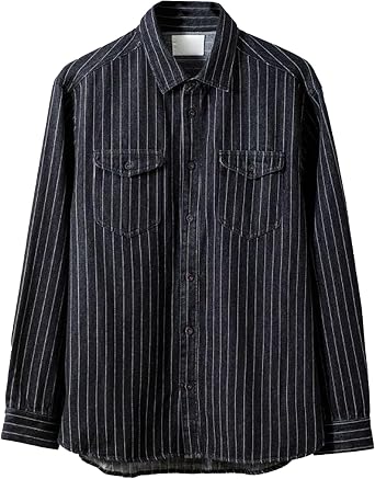 Men Striped Regular-Fit Denim Shirt Casual Long Sleeve Cowboy Jackets Stripe Button Front Outdoor Shirts Coats
