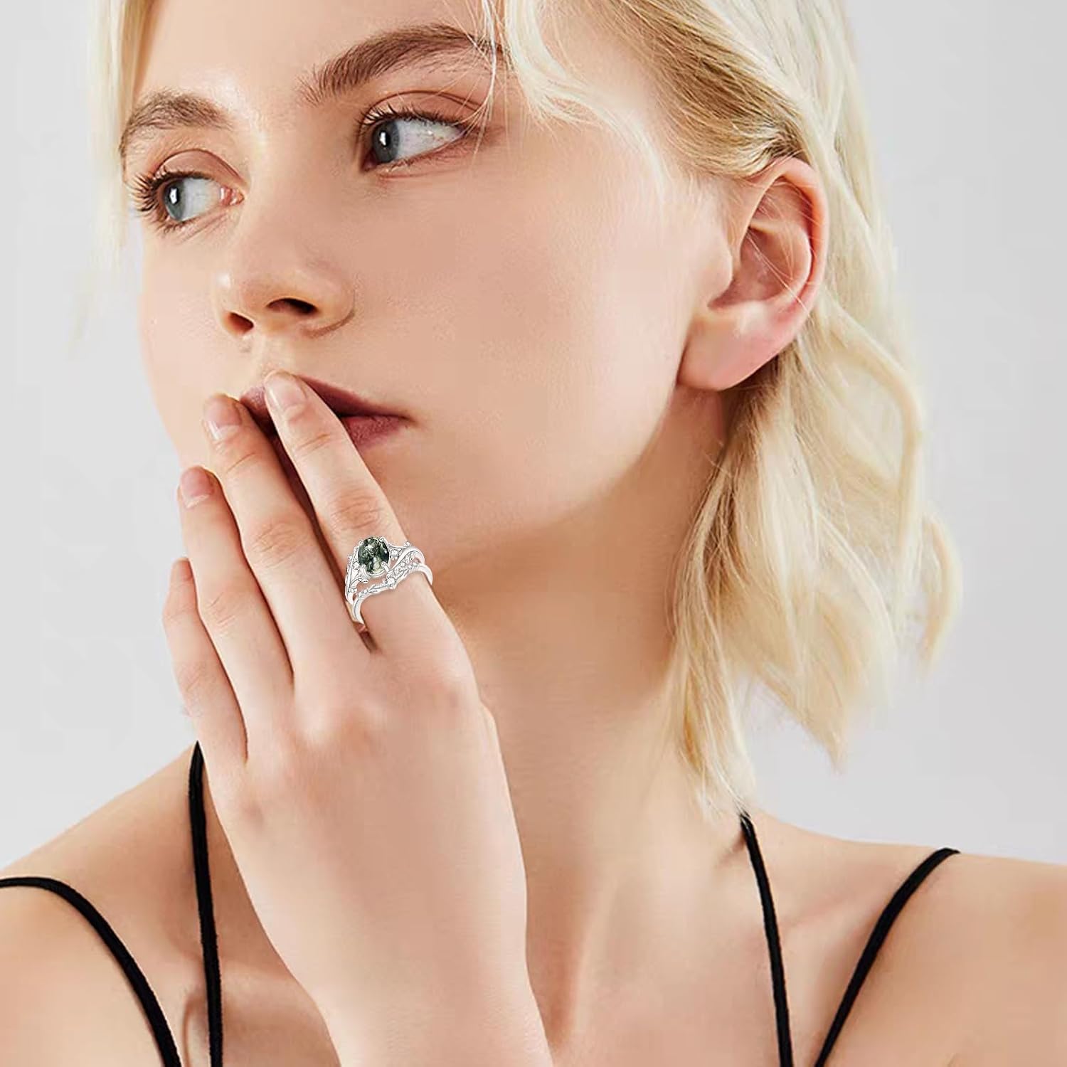 YFN Natural Moss Agate/Turquoise Ring Set for Women 925 Sterling Silver Promise Wedding Ring Jewelry Gift for Anniversary Birthday Valentine's Day Christmas