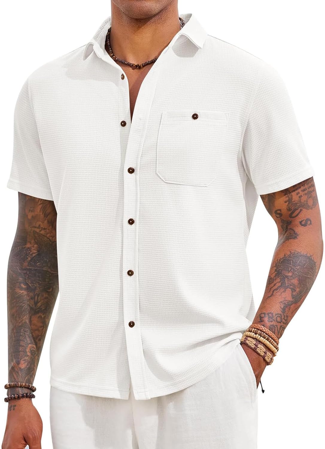 Yousify Mens Button Down Shirts Short Sleeve Waffle Knit Summer Casual Shirt Lightweight Beach Tops with Pocket