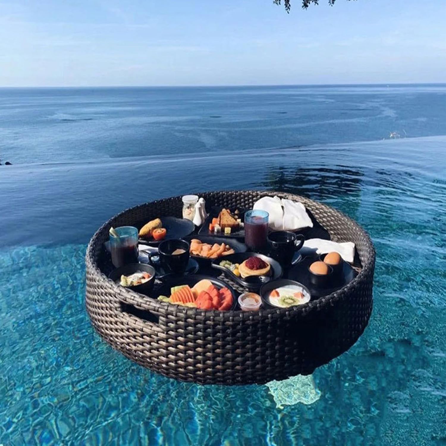 DFGHNBVC Water Float Tray,Pool Floating Trays,Round Rattan Woven Floating Water Tray,Pe Rattan Woven Serving Tray,For Swimming Pool,Sandbars,Spas,Black-80Cm