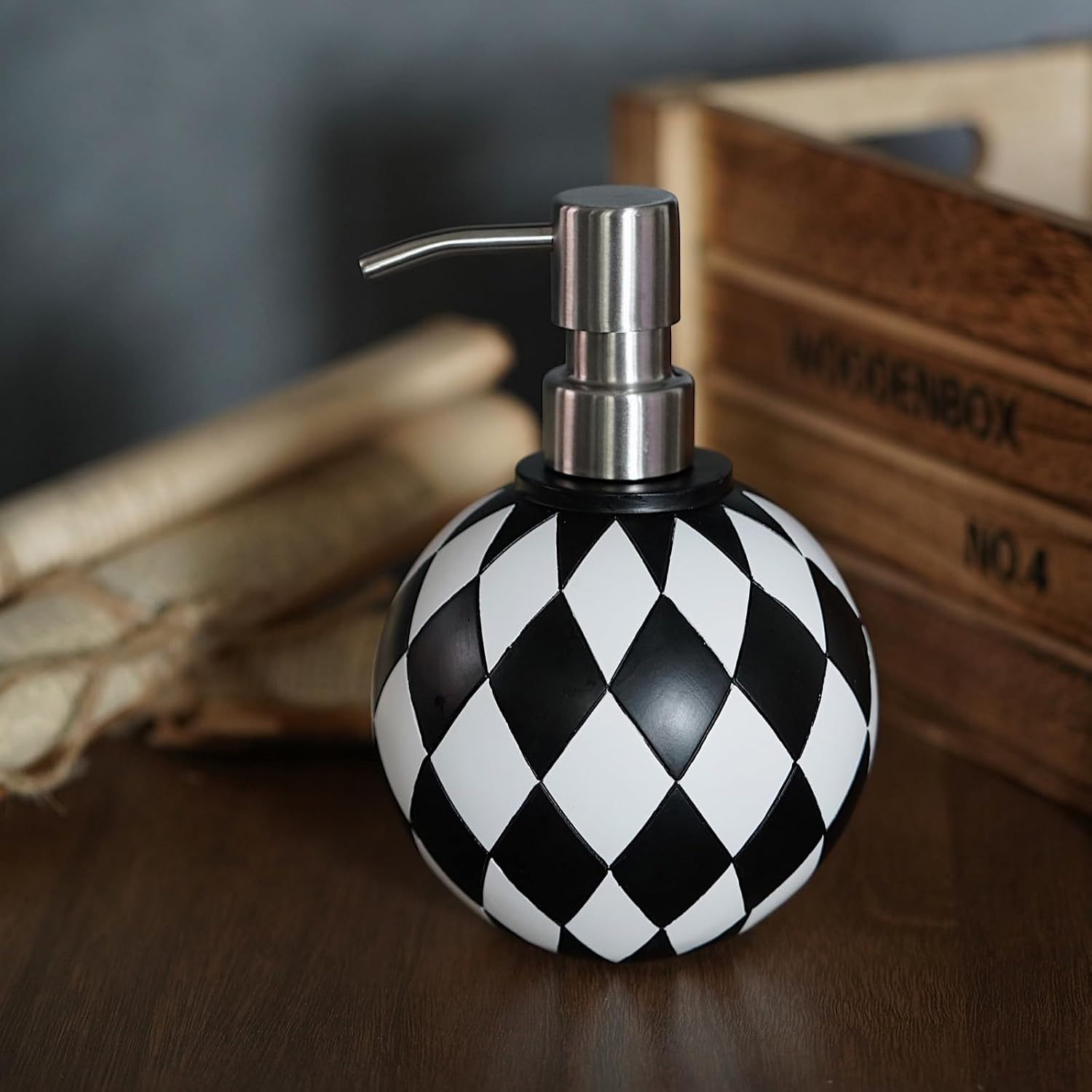 Black and White Soap Dispenser with Rust Proof Pump, Refillable Liquid Hand Lotion Bottle for Bathroom, Bedroom and Kitchen 16oz,Checkerboard Decor