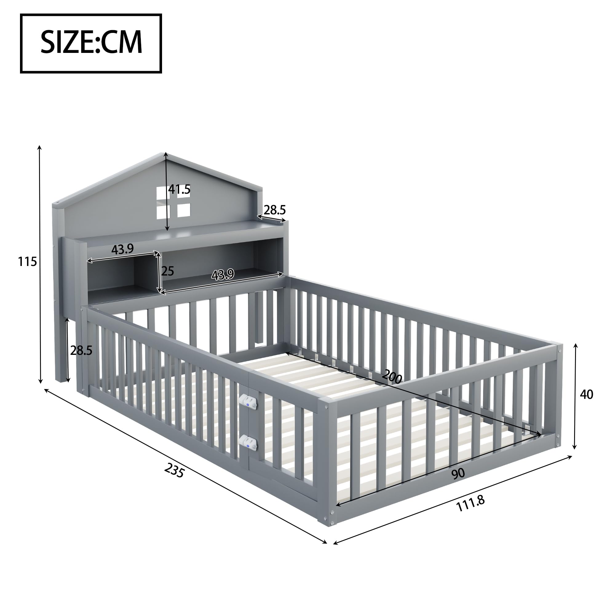 Generisch TOBIDOEN Łóżko dziecięce, 90 x 200 cm, z kratką ochronną i drzwiami, zagłówek z półkami, rama łóżka dziecięcego ze stelażem, listwa domowa z listwą na zdjęcia, drewno sosnowe, szare