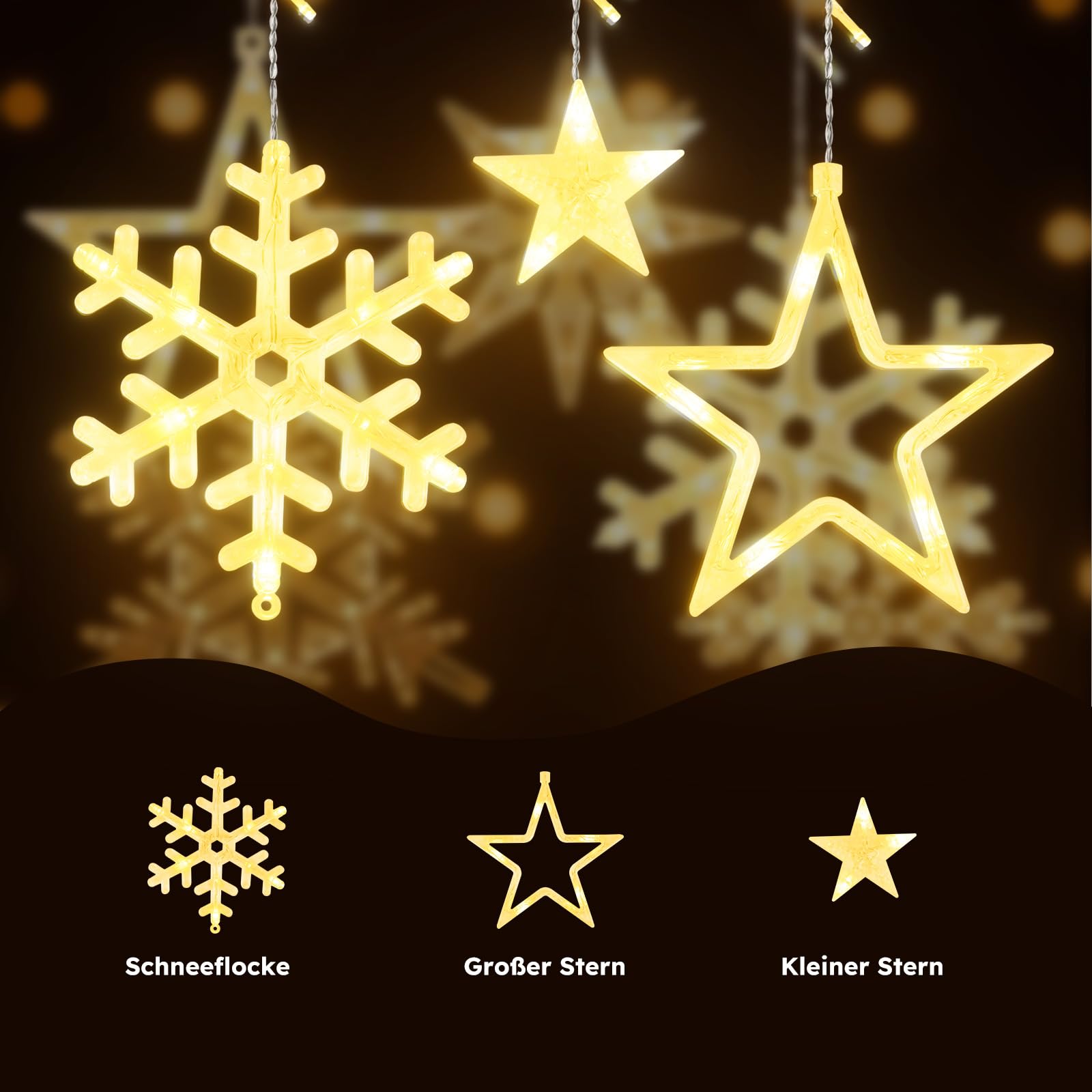 LEDYA LED Lichtervorhang Sterne & Schneeflocken, 1,65 m 138 LEDs Vorhang Lichterkette mit 8 Modi & Timer, Lichter mit Stecker für Weihnachten, Fenster, Schlafzimmer, Hochzeit, Party, Zuhause, Warmweiß