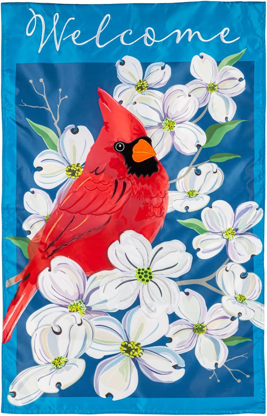 Evergreen Flag,Spring Dogwood Cardinal Applique House Flag,28X0.25X44 Inches