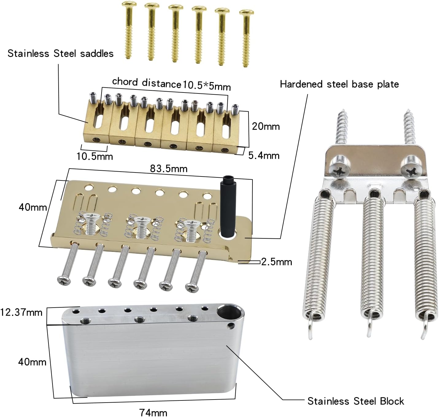 10.5mm Electric Guitar Bridge Gold 6 Point tremolo bridge with Stainless Steel Saddles Block Plate 6 String Guitar Bridge Compatible with Start ST Electric Guitar Replacement Parts