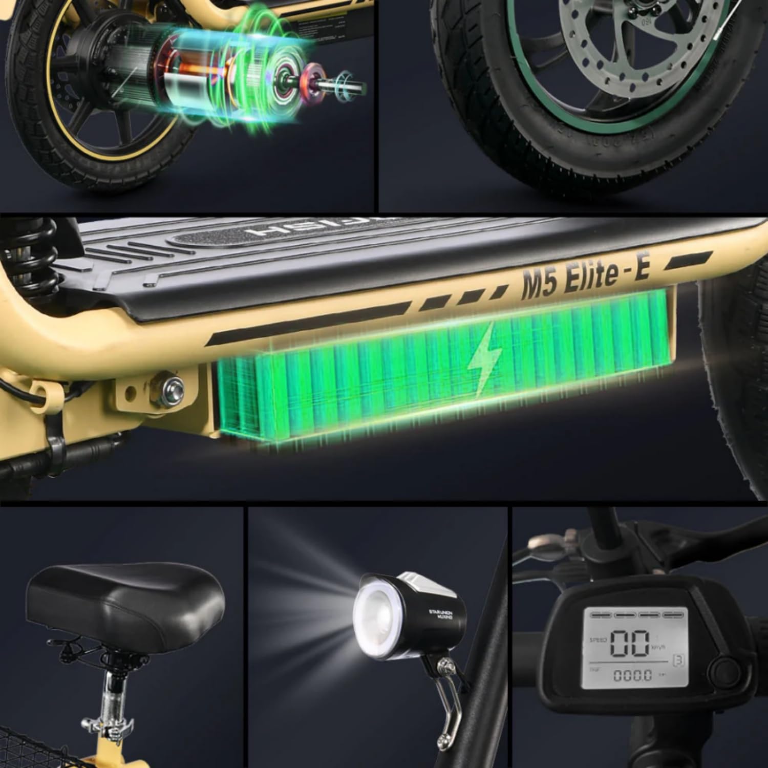M5ELITE-E Monopattino Elettrico Pieghevole, 48V 13 Ah, 30Km di Autonomia | Limite Velocità Sbloccabile,Display,Pneumatici 14",Sedile, Bauletto,Specchietti Retrovisori,Doppia Sospensione&Freno Disco