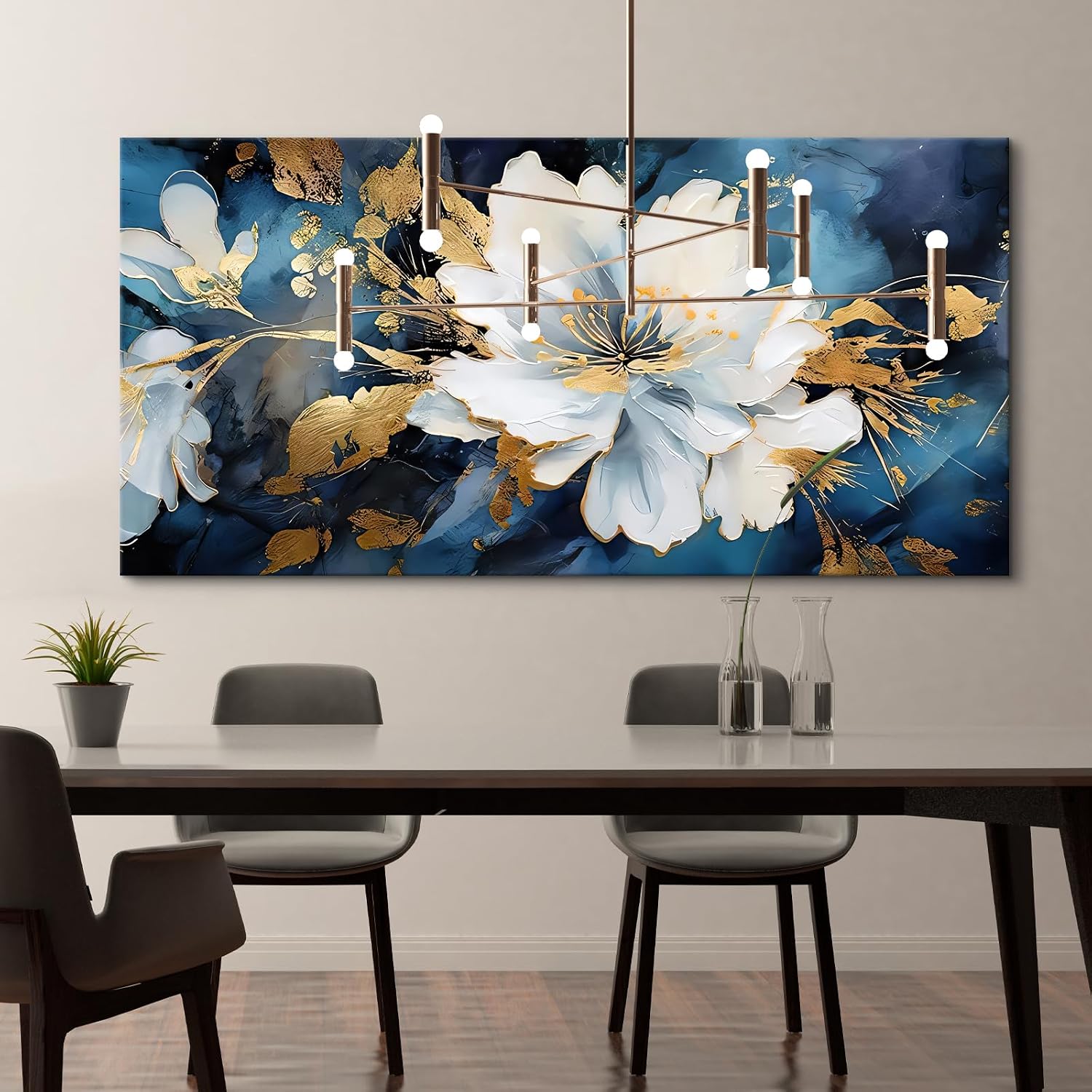 Craftline - Abstract White Peony Diptych Floral Botanical Canvas Wall Art, Blue Rustic Vintage Blossoms Flowers Nature Plant Prints Modern Framed Artwork for Home Decor 32x16inch