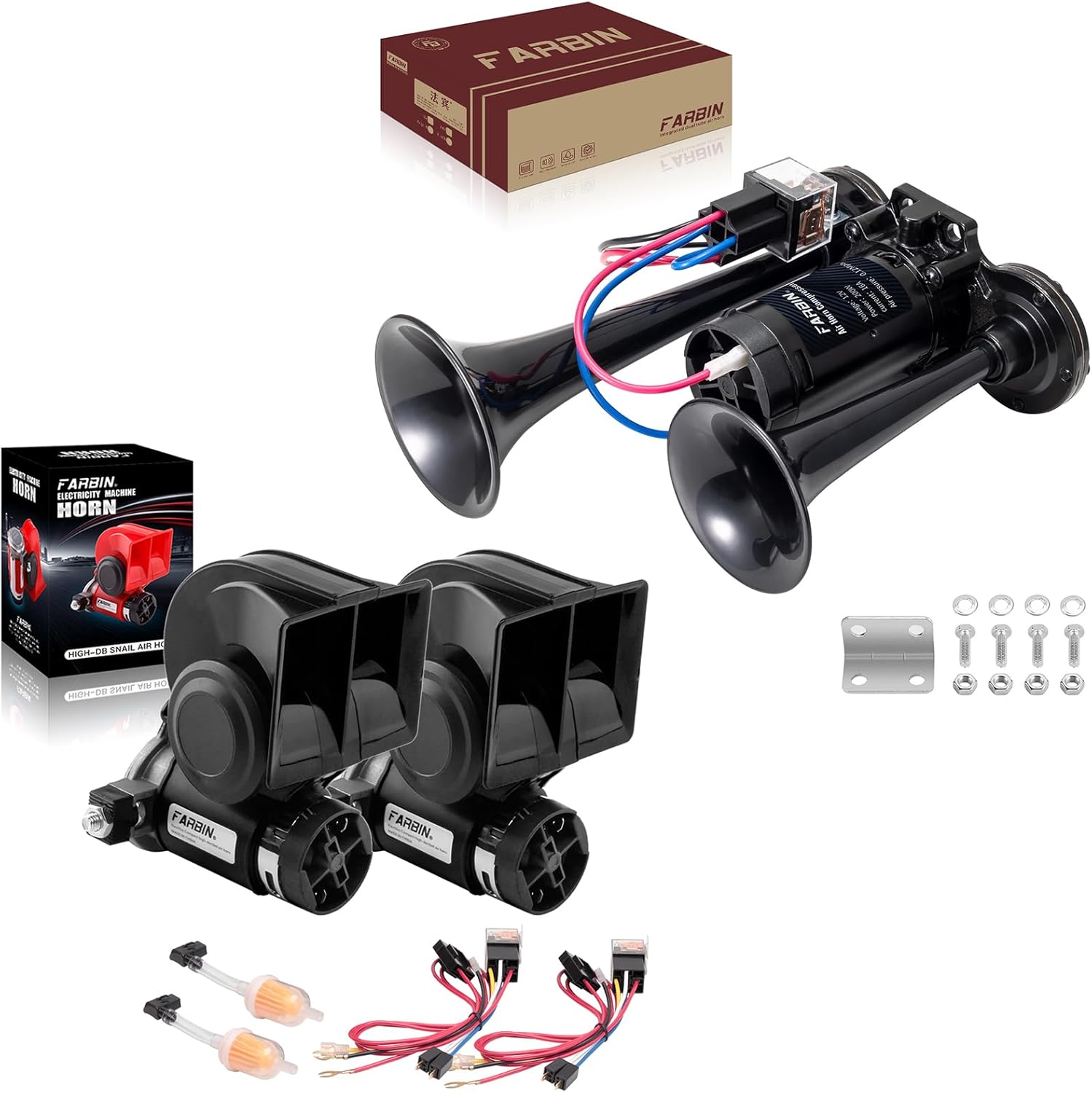 FARBIN Black Air Horn with compressor 12v with car horn Super Loud with Wiring Harness,2PCS
