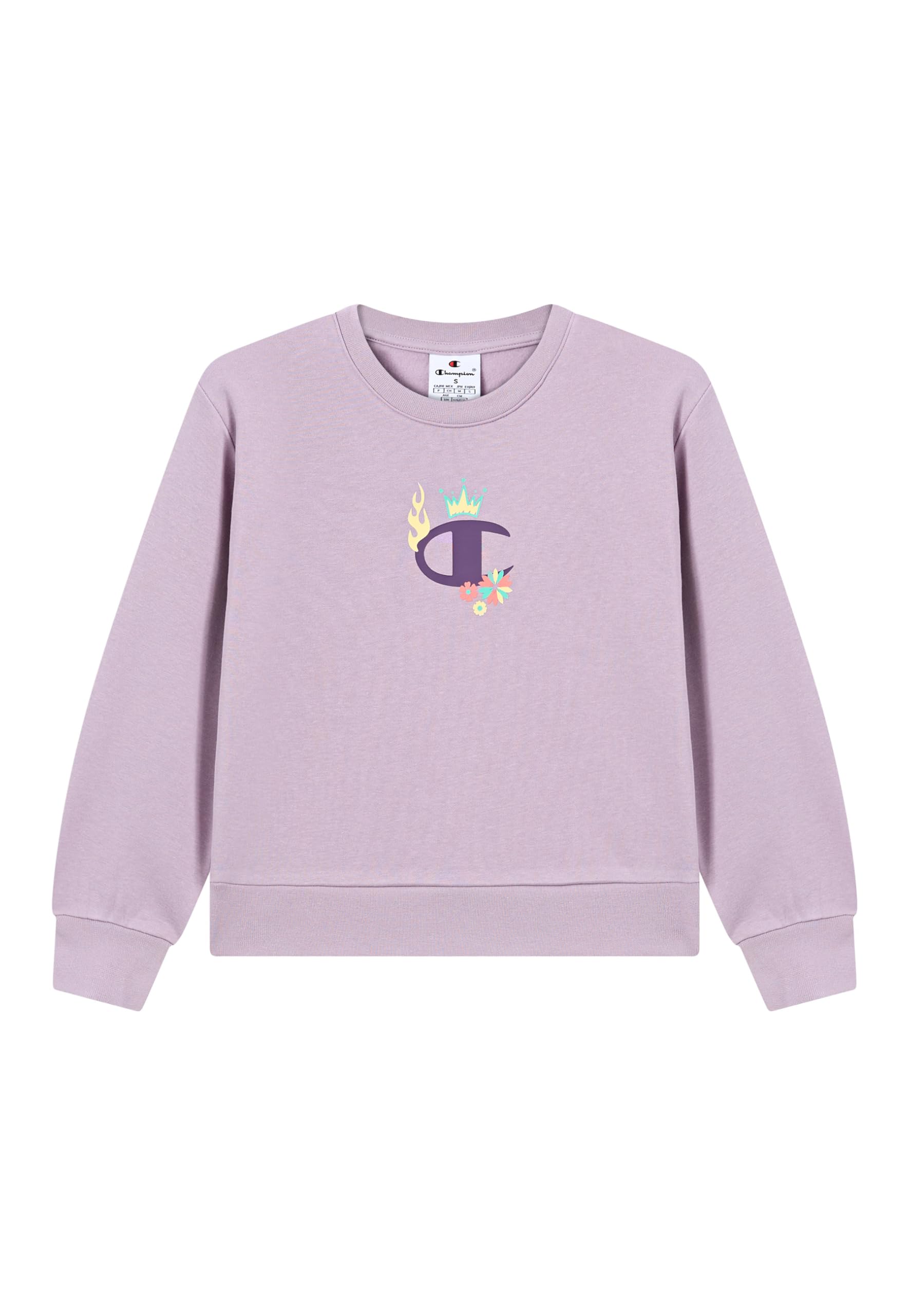 Champion Girls' Crewneck Fleece Sweater, rib cuffs and ribbed hem waist, front graphic logo Violet