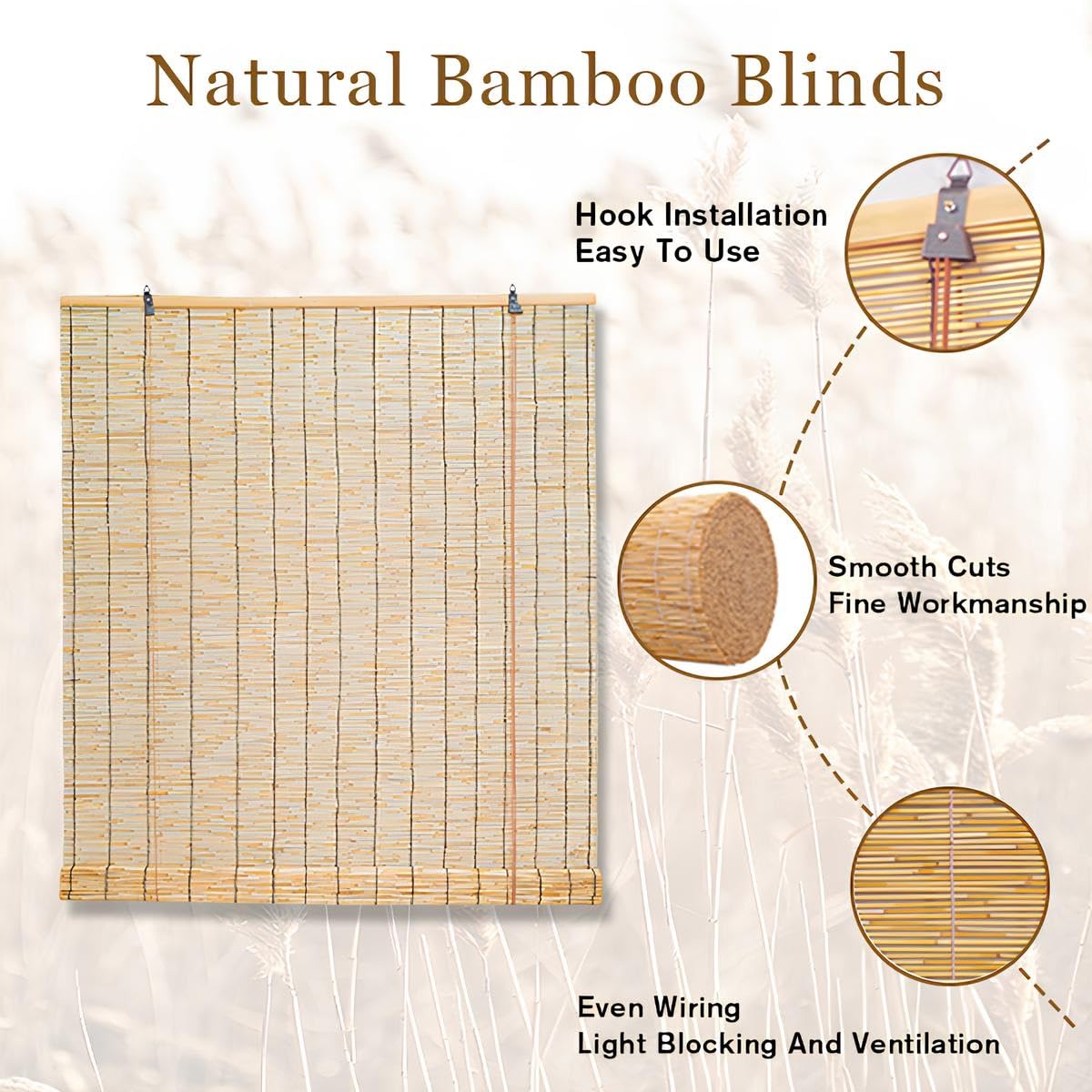 Store Enrouleur en Roseau Extérieur, Rideau De Roseau Occultants À 70%, Rideau Bambou Naturel Imperméables pour Fenêtres Véranda Jardin Pergola Balcon Cuisine(Brown,W150*H200cm)