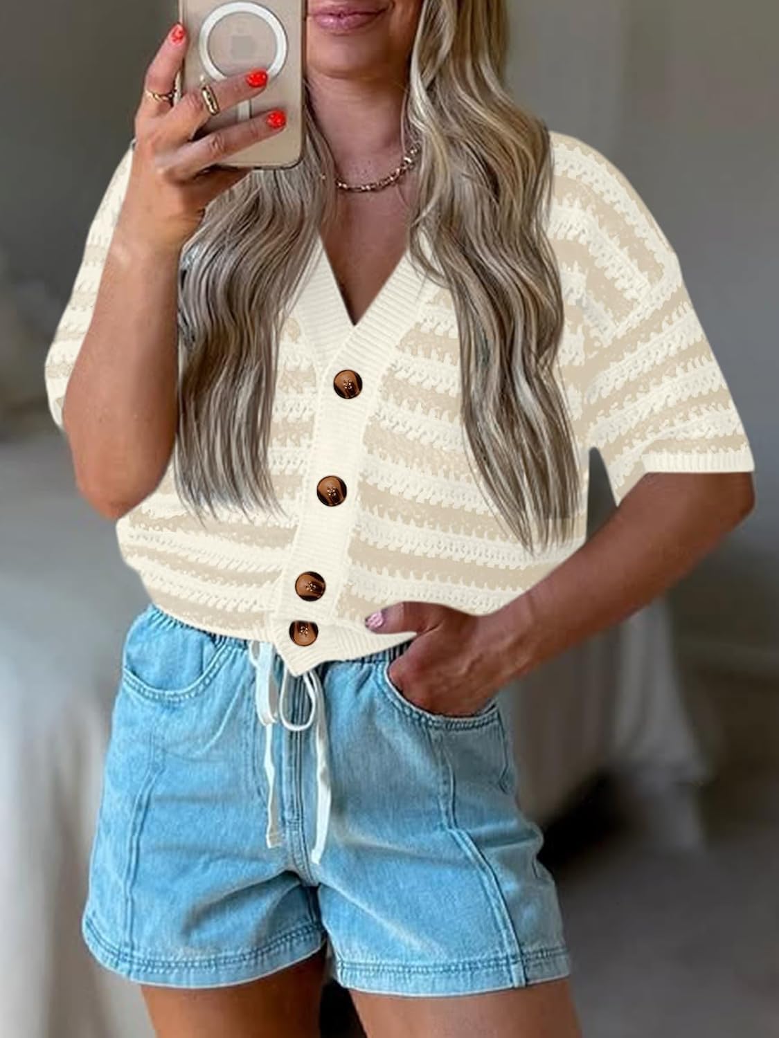 Saodimallsu Womens Short Sleeve Striped Cardigan Sweaters Crochet Knit Button Down Shirts V Neck Spring Summer Tops - Image 2