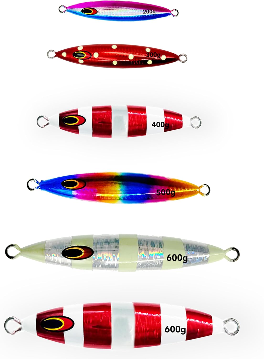 Tuna Jig 200g-600g, 6 Pcs Saltwater Fishing Lures in Rasta, Red, Red Zebra, Rainbow, Silver Zebra for Deep Sea Jigging, Ideal for Offshore Tuna & Saltwater Fishing, Combo C