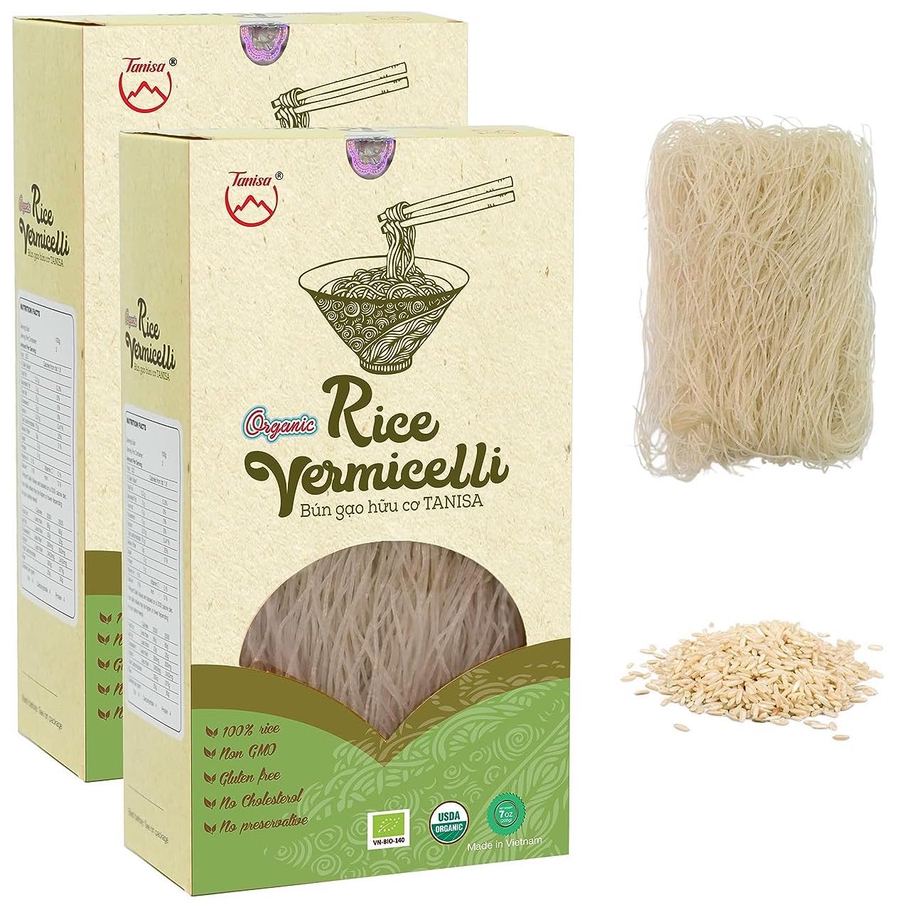 Organic Rice Vermicelli Noodles 2 Pack by TANISA | USDA & EU Certified Organic – Gluten Free – For Pho, Pad Thai & Spring Rolls – Vegan, Non-GMO, No Preservatives – Vietnamese Thin Noodles, 14.1 oz