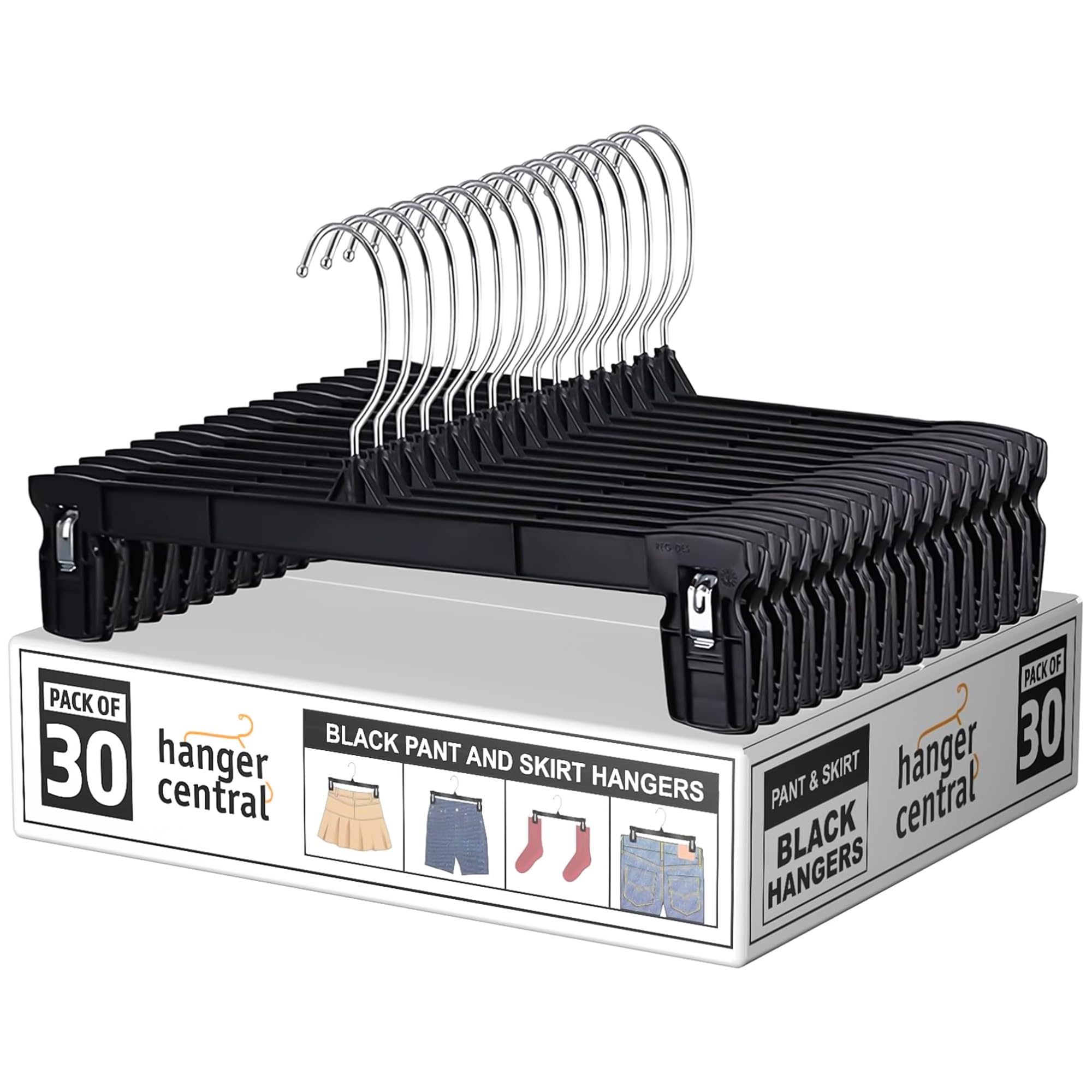 Hanger Central Space Saving, Heavy Duty Slim Plastic Pants Hangers, Ridged Non-slip with Pinch Clips, 360-Rotating Chrome Swivel Hook, in Black, 10/12/14 Inch, 30 Pack (10")