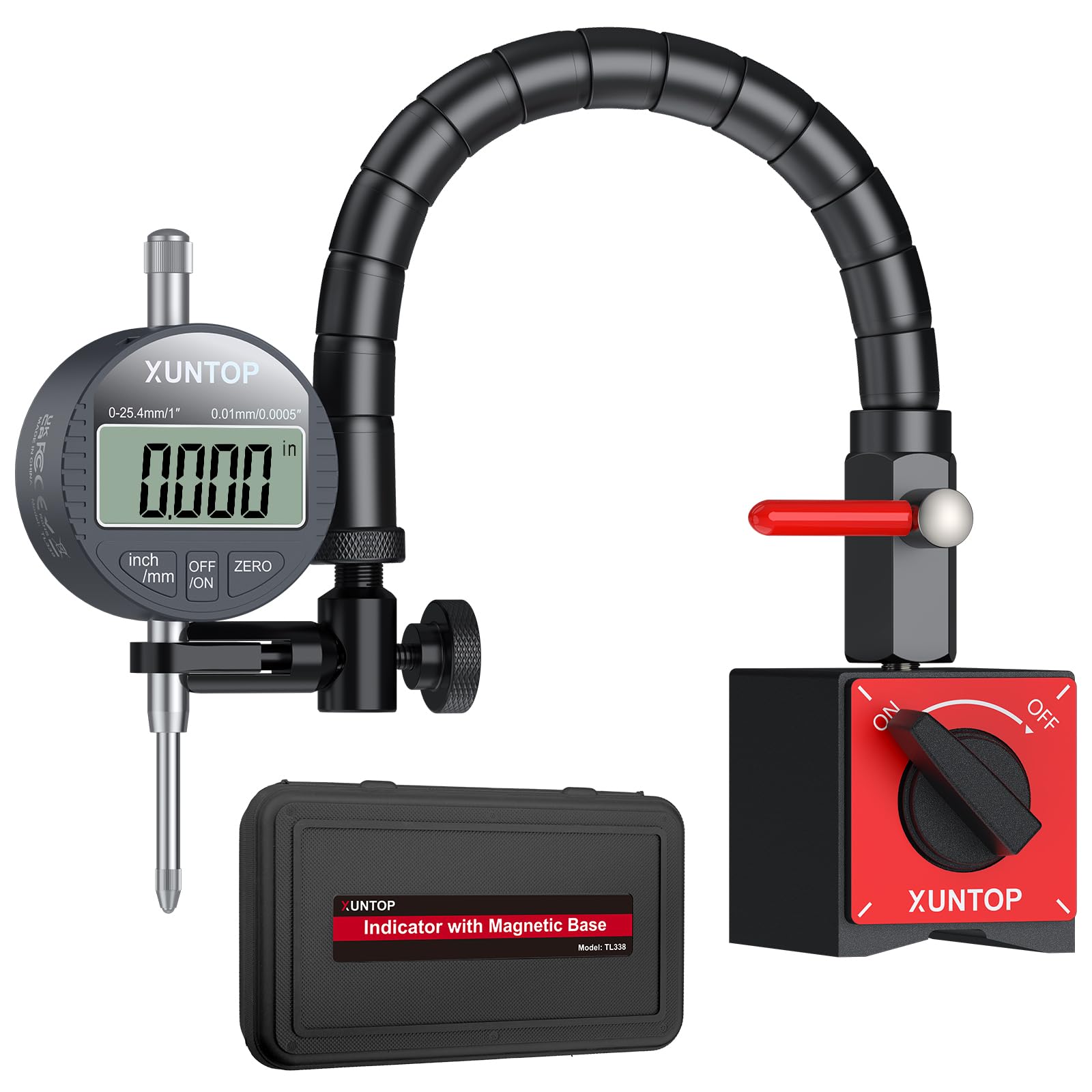 XUNTOP Comparateur magnétique numérique, base magnétique avec bras serpent flexible de 340 mm, comparateur professionnel 0,01 mm/0,0005" portable avec écran LCD pour atelier, tour, fraiseuse