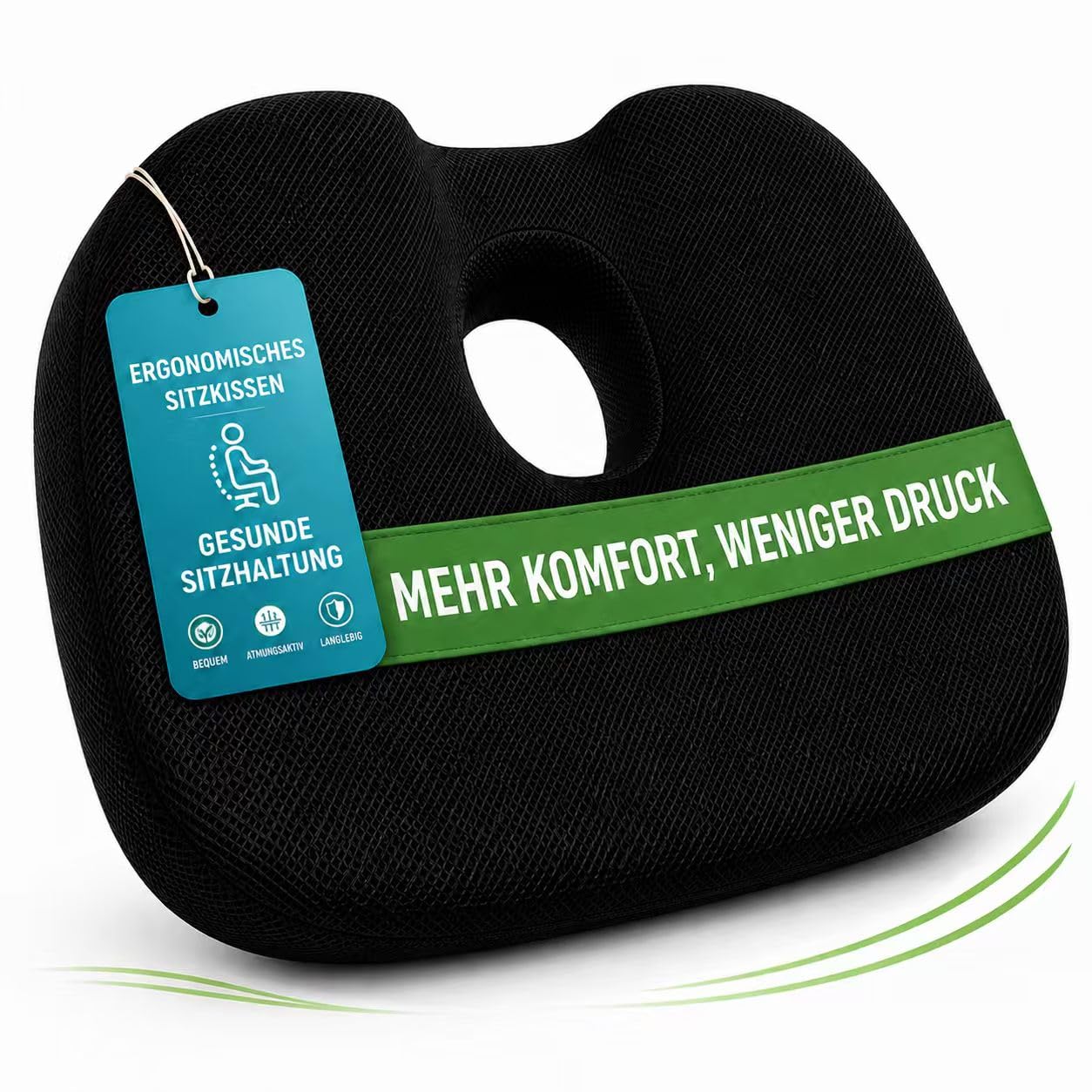 Nordkai Sitzkissen ergonomisch orthopädisch Memory Foam für Büro und Auto | Zentrale Öffnung, U-Entlastung, 3D-Mesh, rutschfest, waschbar, für Rollstuhl, Zuhause, Hämorrhoiden, Geschenkidee