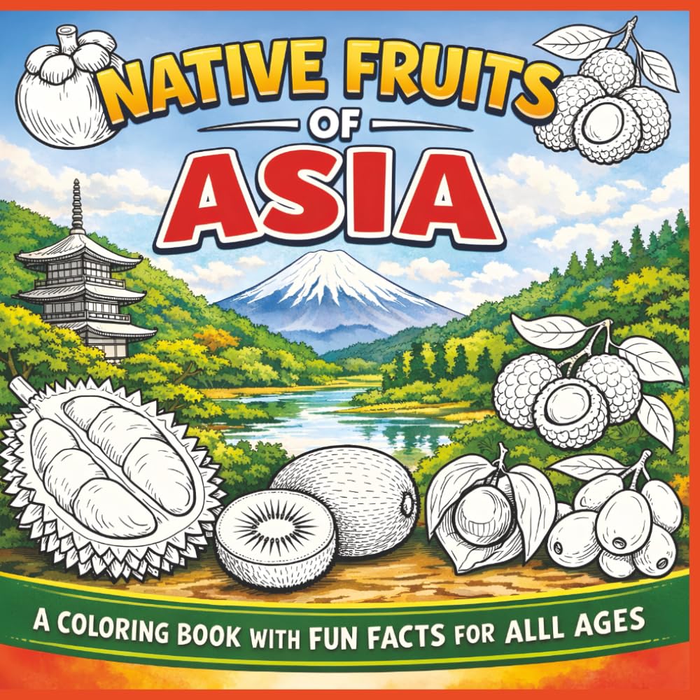 Native Fruits of Asia: A coloring book with fun facts for all ages| Bold outlines| Easy to color| Stress relief and relaxation