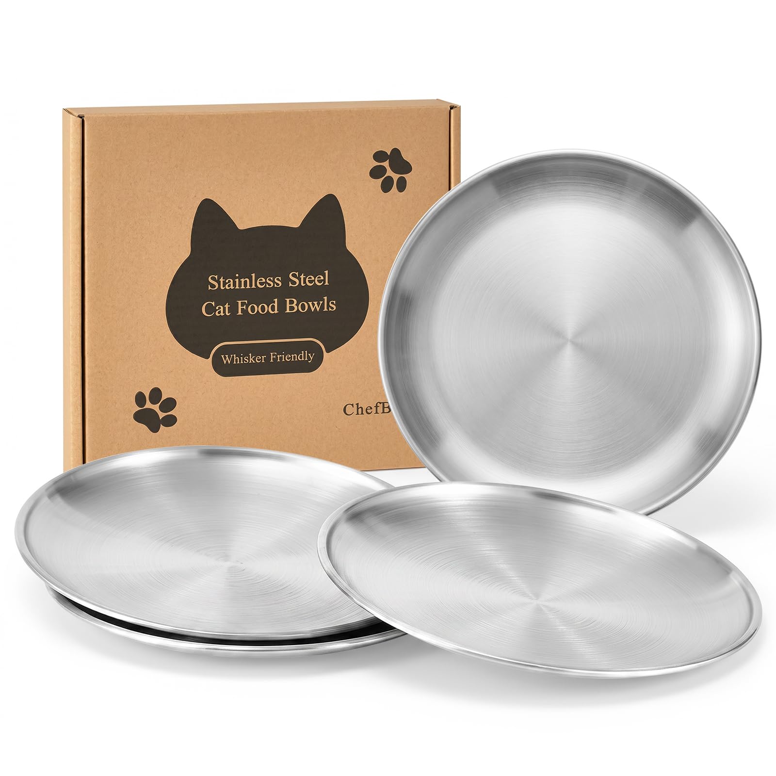 ChefBee 4-Piece 6.7" Stainless Steel Shallow Cat Bowls, Whisker Friendly