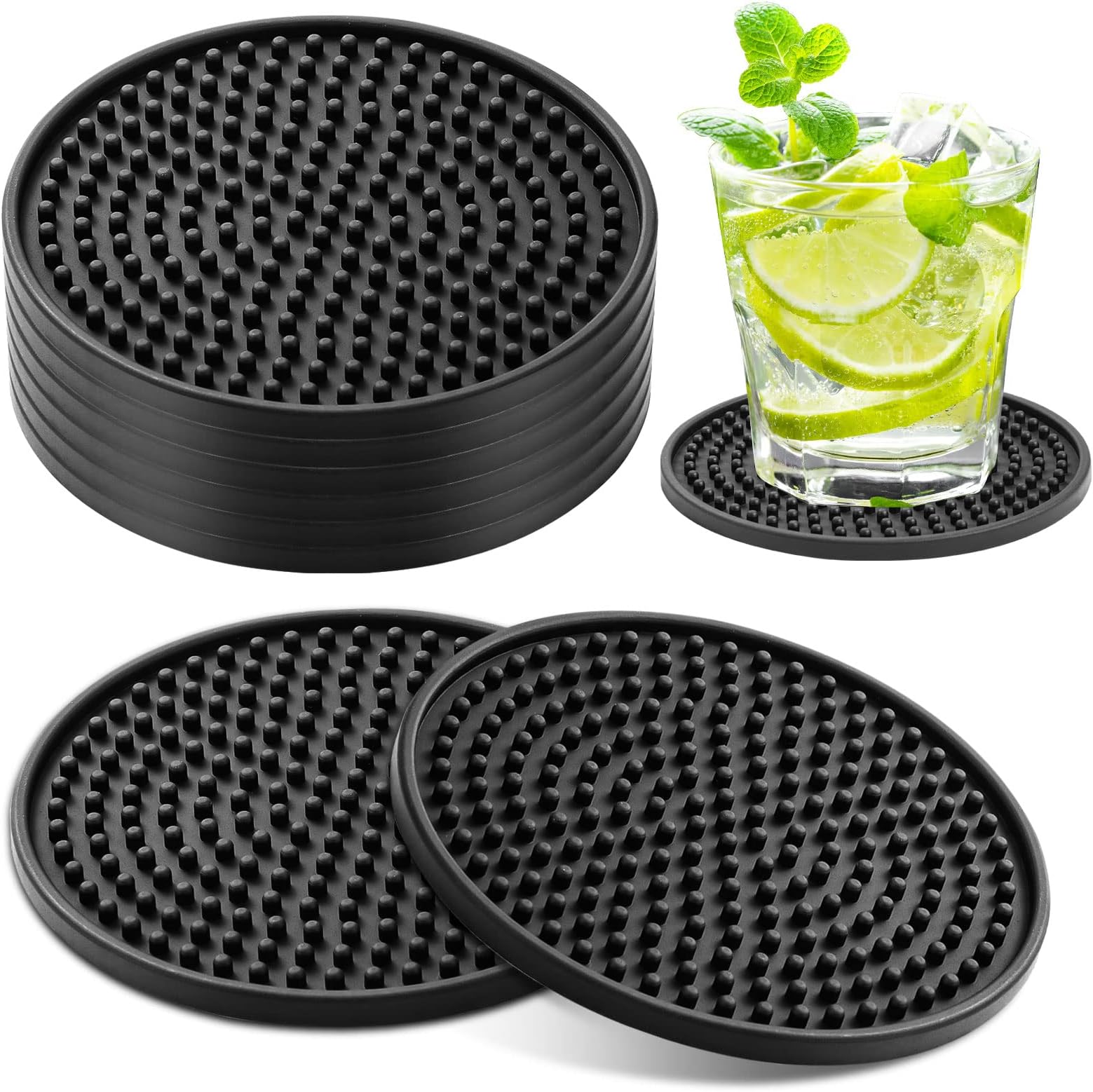 8 PCS Black Coasters, Silicone Thick Design(0.2inch) Round Mugs Coasters Set of 8 for Drinks, Raised Anti-Skid Design Coffee Pads Beer Bar Mat, 10 * 10 * 0.5cm