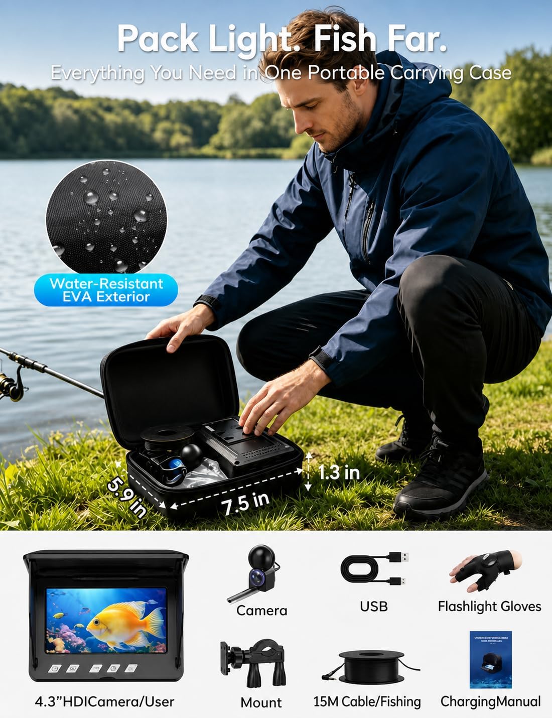 Underwater Fishing Camera with 4.3" LCD Screen,Portable Fish Finder with 12 IR LED Night Vision&200° Wide Angle, IP68 Waterproof Ice Fishing Camera with 50ft Cable&5000mAh Battery for Ice Lake&Boat