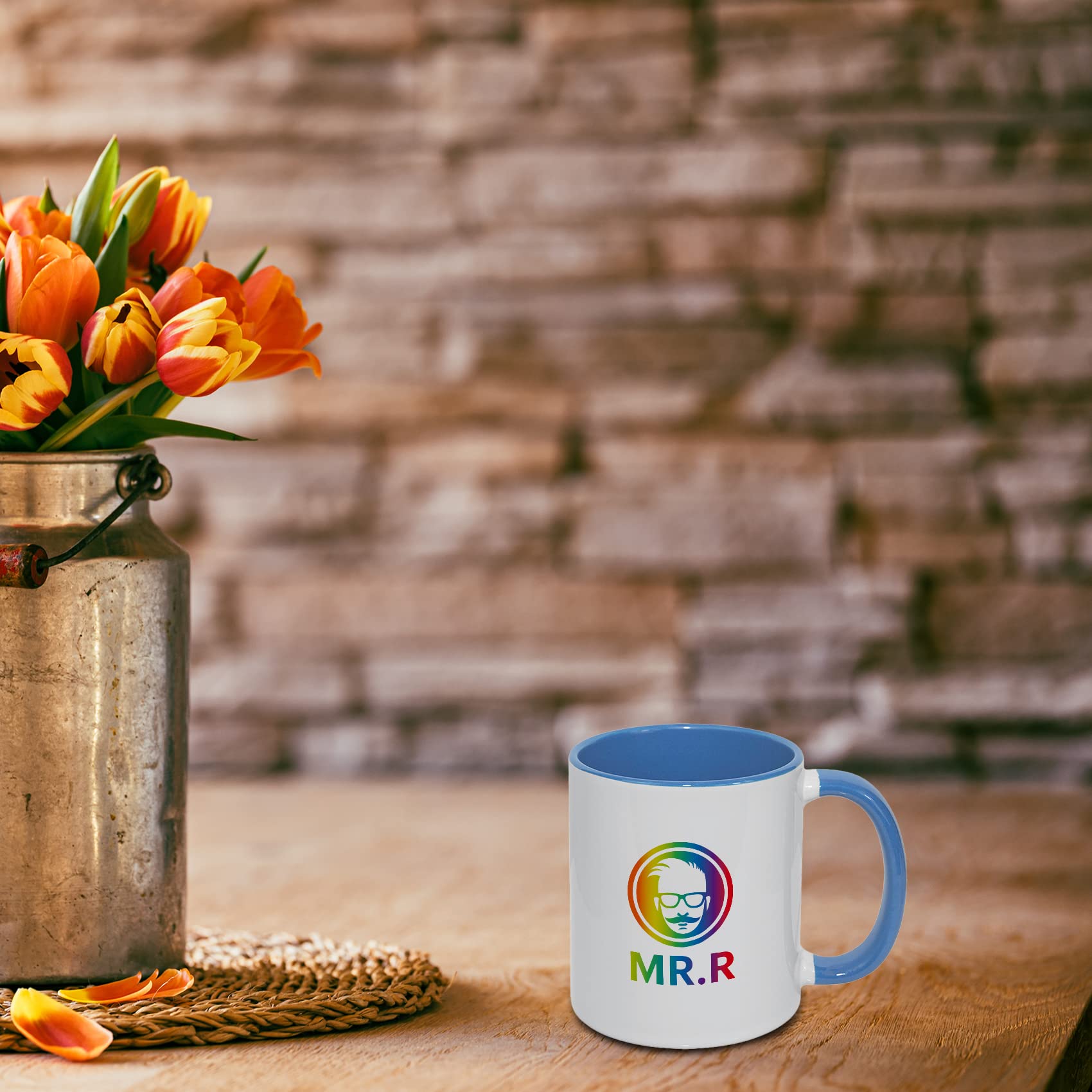MR.R Tazas de café de cerámica para lavavajillas con taza de color azul, interior y asa, taza para beber té de leche, agua de 11 onzas, juego de 6