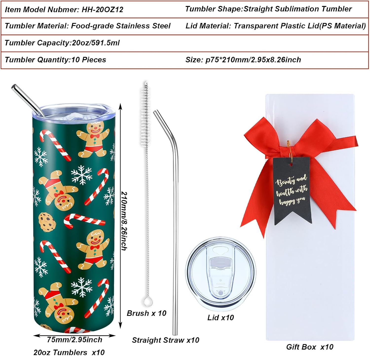 Maxcheck 10 Pack Christmas Gifts for Women 20oz Christmas Stainless Steel Tumbler Xmas Insulated Tumbler Bulk with Lid Straw and Brush Straight Double Wall Vacuum Travel Coffee Mug for Xmas Party Gift - Image 3