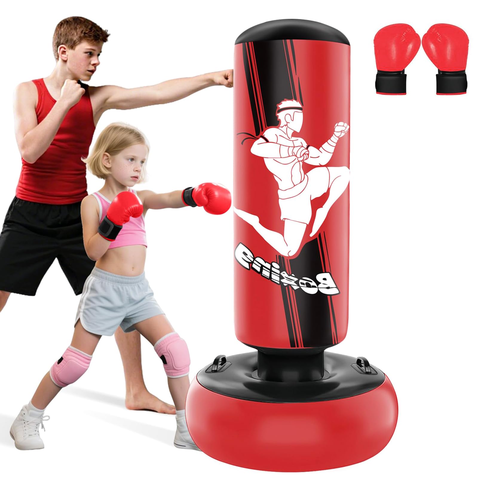 Saco Boxeo Niños, Punching Ball 160cm Inflable con Guantes de Boxeo para la práctica de MMA Karate Taekwondo, Regalo Ideal para Niños y Niñas de 6-12, Rot