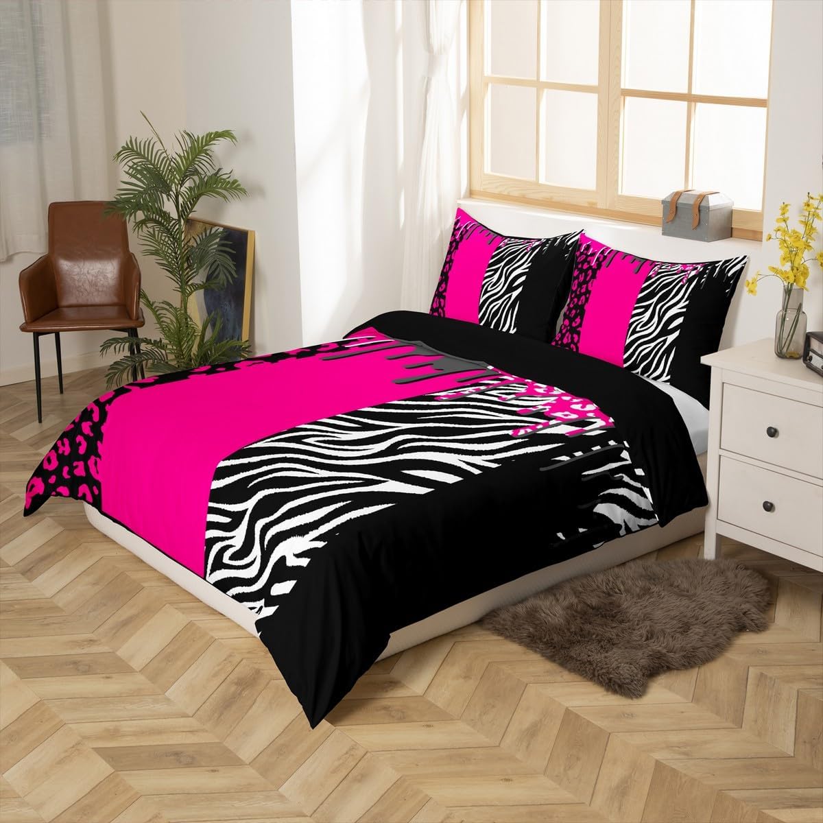 Feelyou Leopard Bedding Set for Girls Boys Kids Full Size Hot Pink Black White Cheetah Comforter Cover Set Room Decorative Animal Print Duvet Cover Safari Zebra Bedspread Cover 3Pcs Bedclothes
