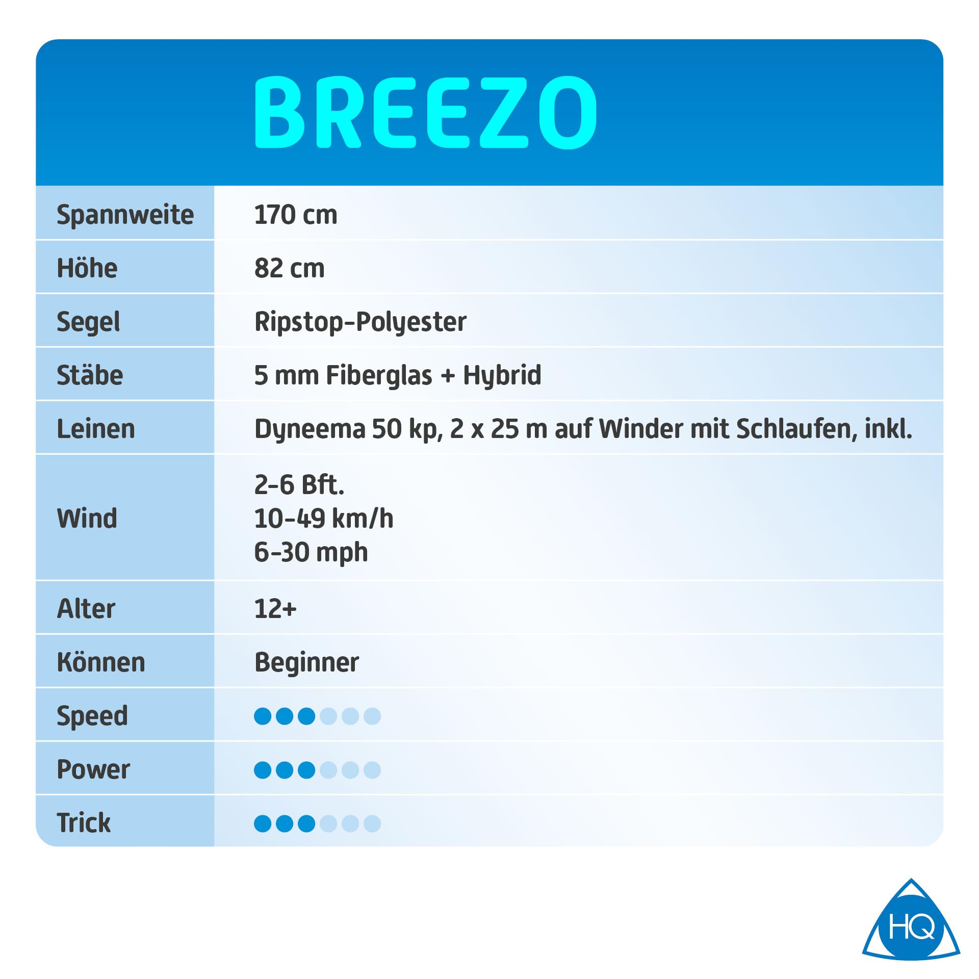 HQ Design Aquilone Breezo 2 linee per bambini e adulti a partire dai 12 anni 82 x 170 cm con cinghie Dyneem 50 kp 2 x 25 m + passanti 2-6 Bft