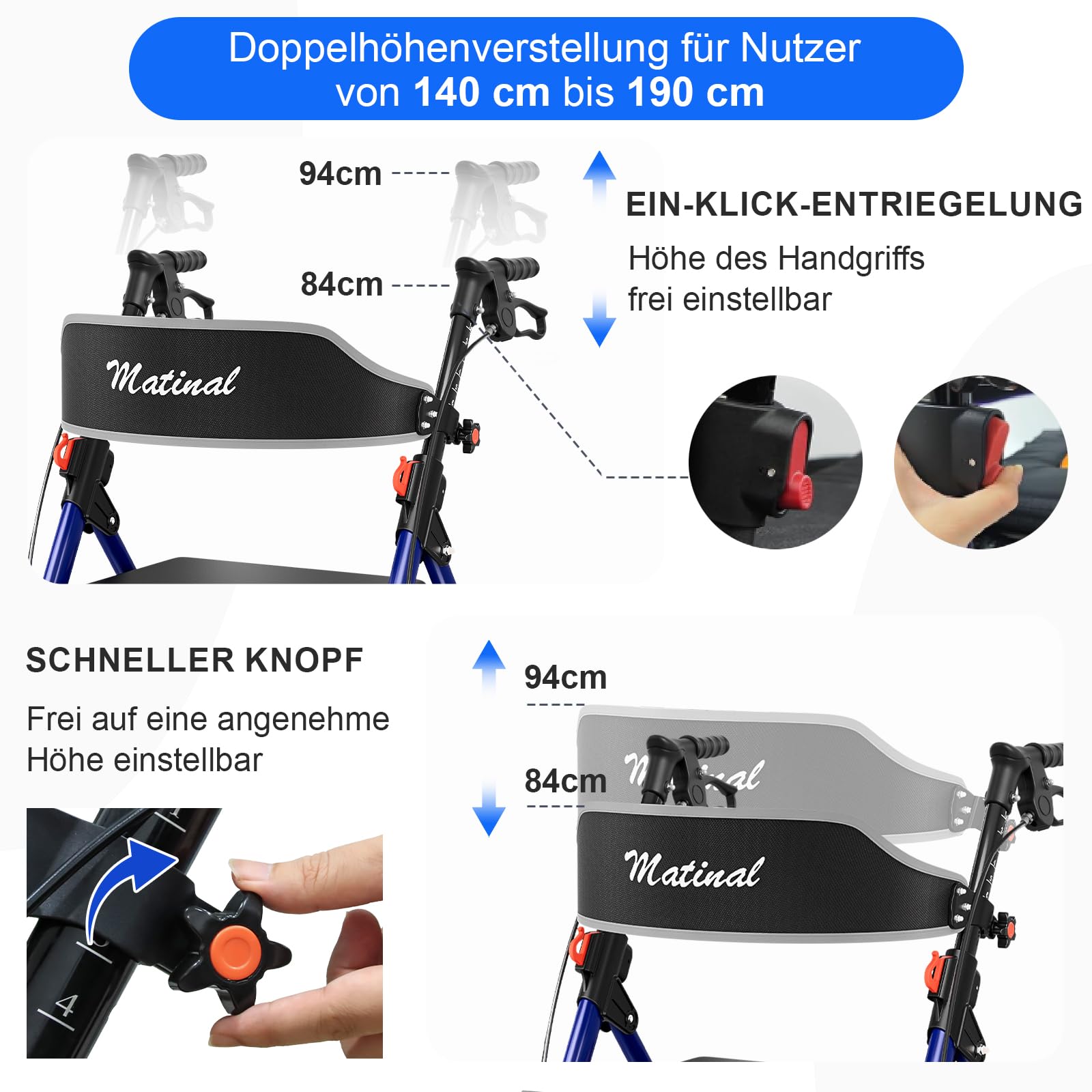 Andador plegable y ligero con asiento, andador para personas mayores de hasta 160 kg, con ruedas de 8 pulgadas y dirección de 360°, altura regulable en 6 posiciones, adecuado para uso diario