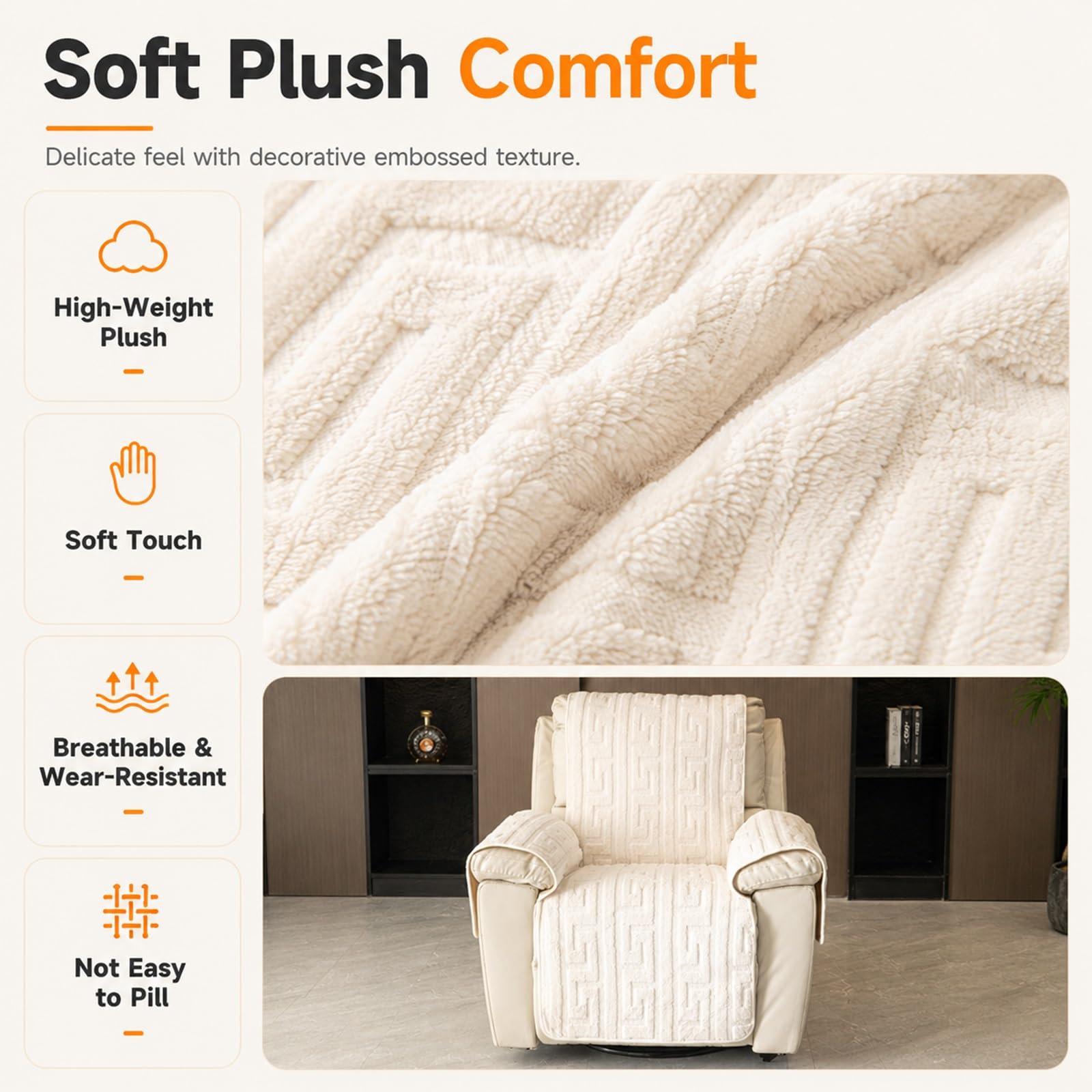 Copripoltrona Relax Reclinabile Antiscivolo, Copri Poltrona Adatto agli Animali Domestici Lavabile, Copripoltrona 1 Posto in Peluche Corto Traspirante per Sedie(E-white)