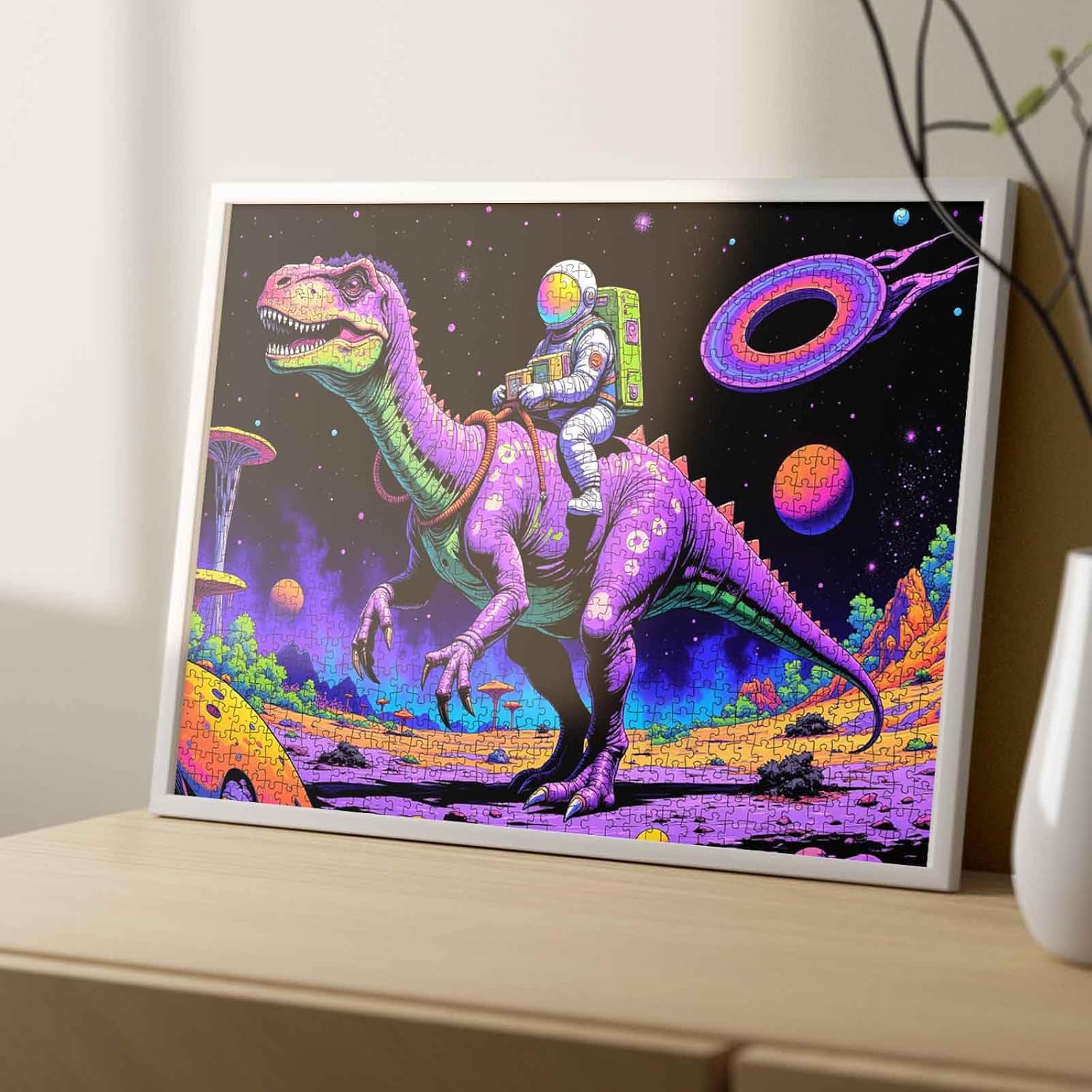 Astronaut Rides Dinosaur Jigsaw Puzzles for Adults 1000 Pieces Outer Space Jigsaw Puzzle Galaxy Nebula Painting Extraterrestrial Organisms Jigsaw Puzzle 20 x 27 Inch Colorful Puzzles for Home