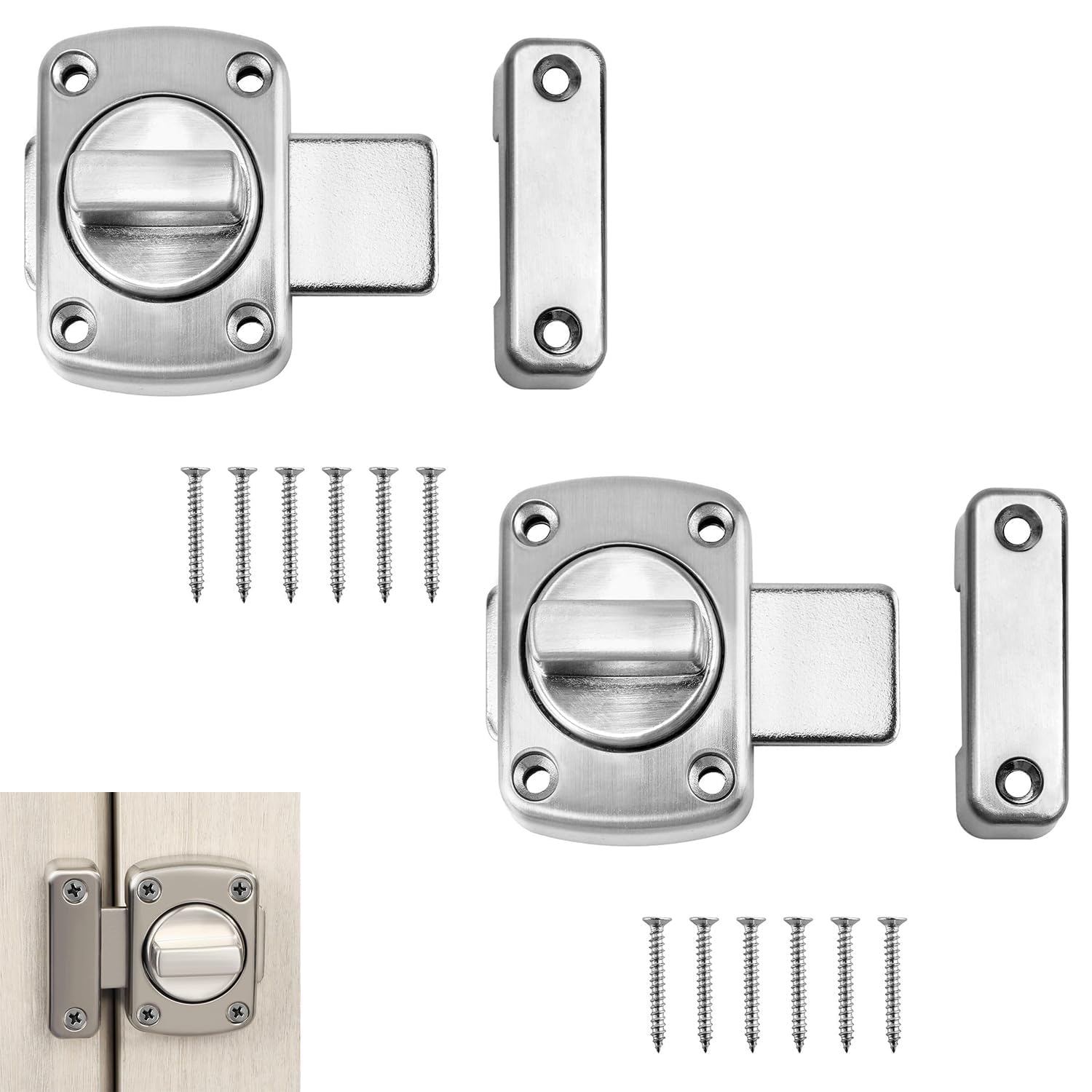 Rotate Bolt Latch Door Latches, 2 PcsDoor Bolts for Internal Doors, Anti Theft Protection Rotate Bolt Latch Lock for Bathroom Window Cupboard Cabinet Door Latches(Silver), with Screws