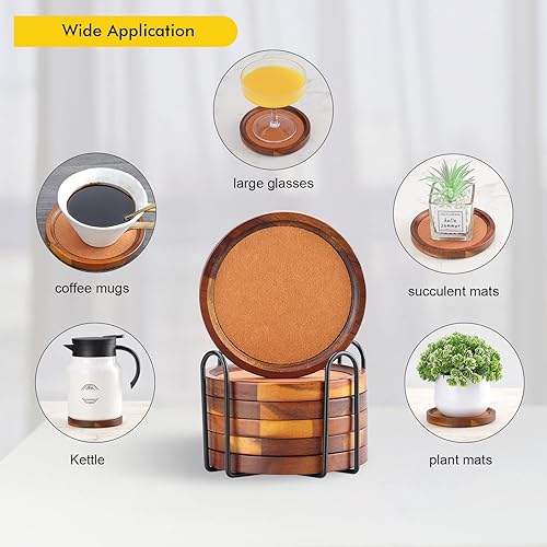 Miniatura 2 de WLWNWFT Posavasos de madera de acacia para mesa auxiliar, 6 posavasos de 4.72 pulgadas para bebidas, posavasos de fieltro absorbente para decoración