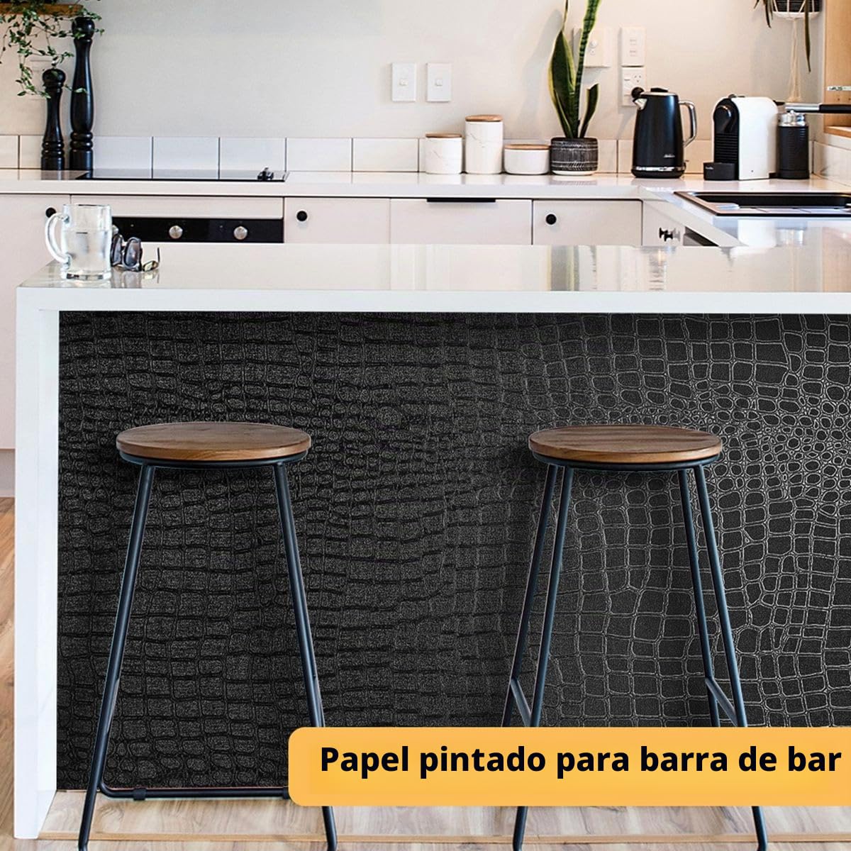 Arthome Autoadhesivo Papel Pintado Negro,44cmx10m Cocodrilo Texturado papel Vinilo Adhesivo Imitación Cuero Negro Impermeable Removible Piel de Cocodrilo para Muebles
