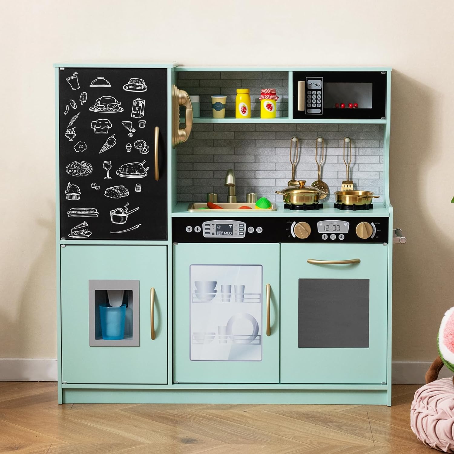 KOTEK Play Kitchen for Kids, Wooden Chef Pretend Toy Kitchen Set w/Oven, Chalkboard, Telephone, Ice Maker, Microwave, Dishwasher, Realistic Kids Kitchen Playset, Gift for Boys Girls 3+ (Green)