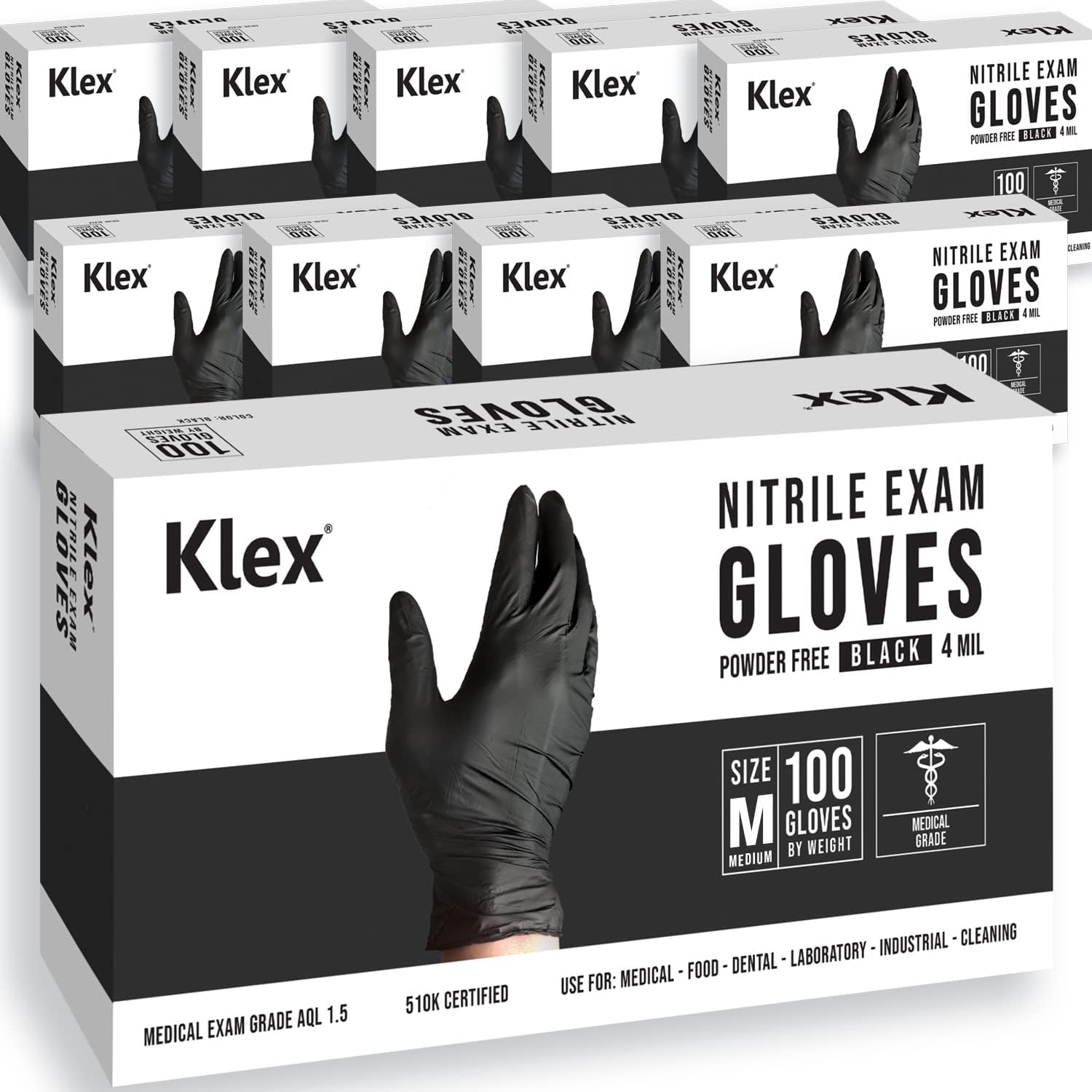 Klex Nitrile Exam Gloves - Medical Grade, Powder & Latex Free, Food Safe, Black, 100, 1000 Count, S, M, L, XL