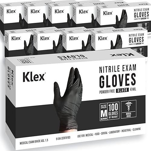 Klex Guantes de examen de nitrilo - Grado médico, sin polvo ni látex, aptos para alimentos, negros, 100, 1000 unidades, S, M, L, XL