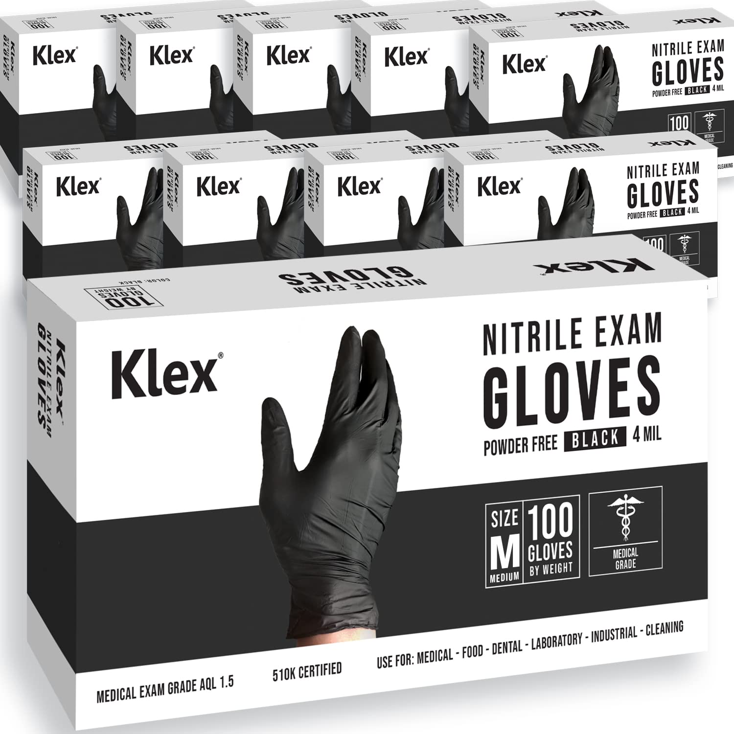Klex Nitrile Exam Gloves - Medical Grade, Powder & Latex Free, Food Safe, Black, 100, 1000 Count, S, M, L, XL
