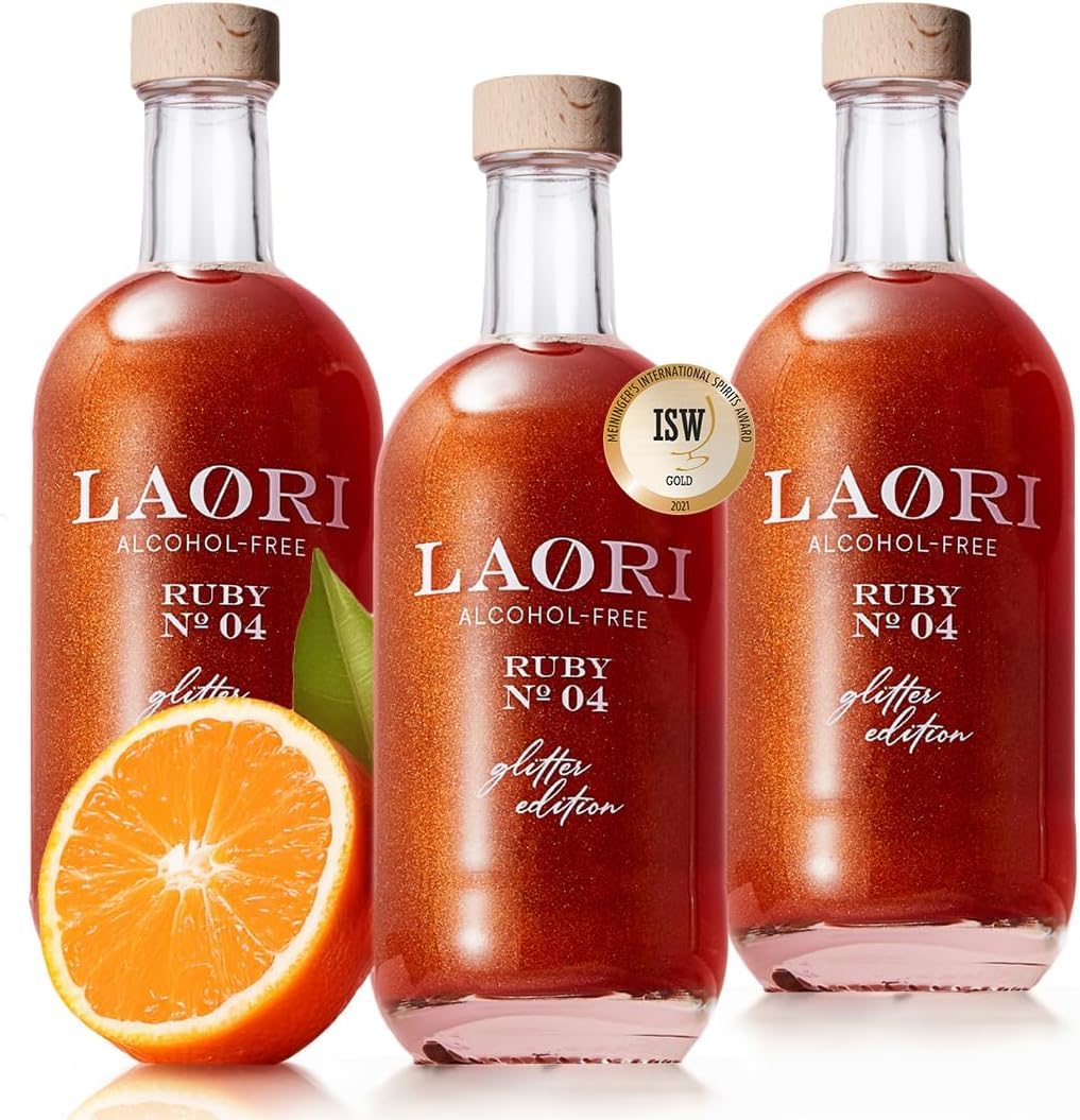 Laori Alkoholfreier Glitzer Spritz 3x500 ml | Alkoholfreier Aperitif mit Glitzer ohne künstliche Aromen | Pflanzliche Farbstoffe | Perfekt für Spritz | Geschmack von Orange+Grapefruit | Nur 65 kcal