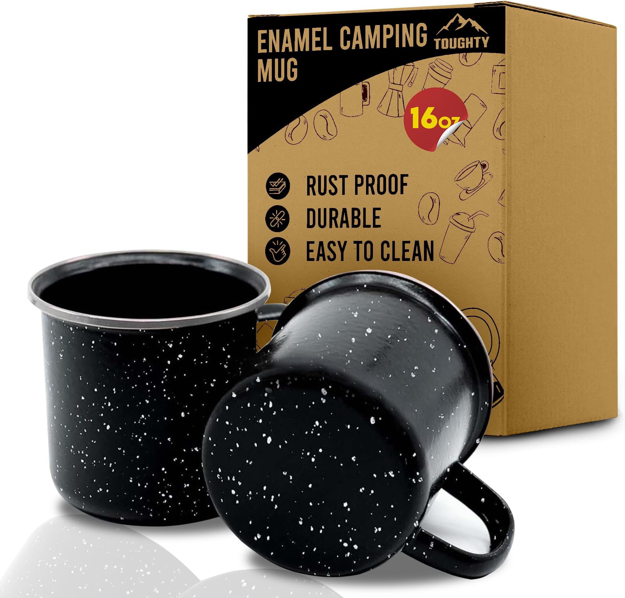 Enamel Camping Mug – Retro Vintage Campfire Tin Cup, Rustic Backpacking Mug for Hiking, Coffee, Farmhouse, Diner, Hot Drinks, Tinware, and Backpacking Gear – Set of 2 – Black – 16 Oz