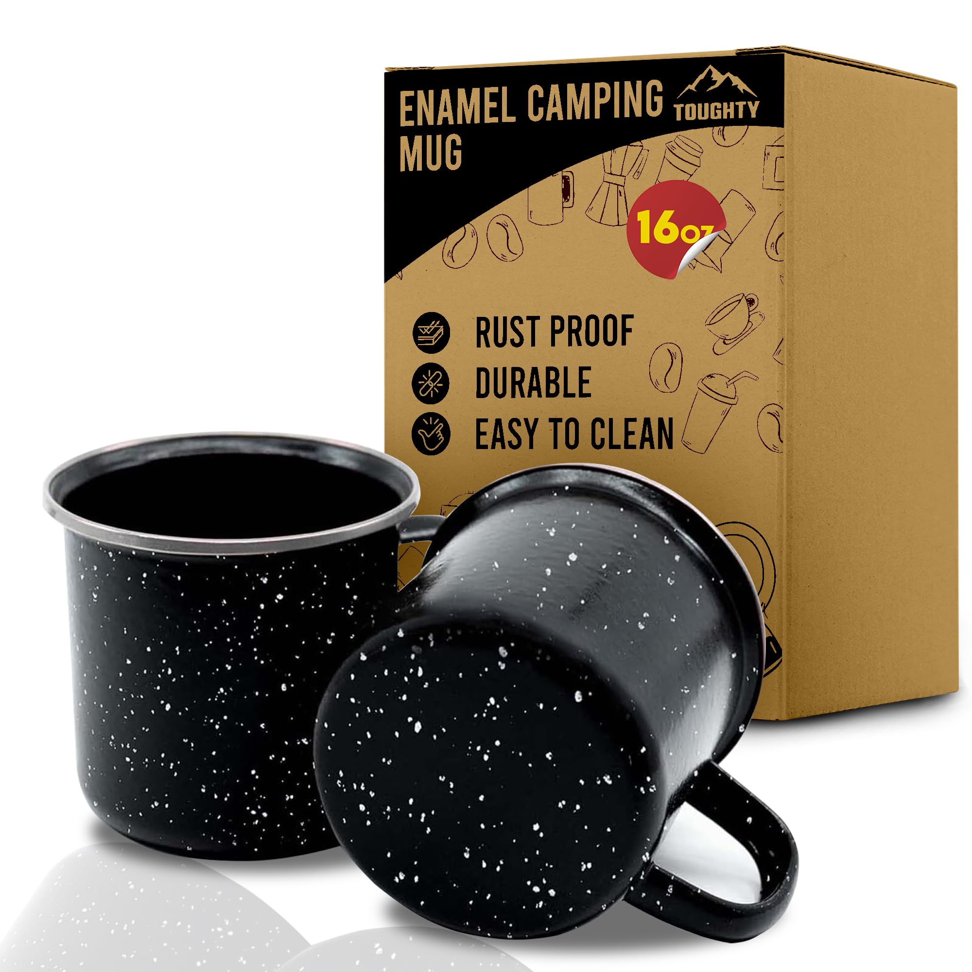 Toughty Enamel Camping Mug – Retro Vintage Campfire Tin Cup, Rustic Backpacking Mug for Hiking, Coffee, Farmhouse, Diner, Hot Drinks, Tinware, and Backpacking Gear – Set of 2 – Black – 16 Oz