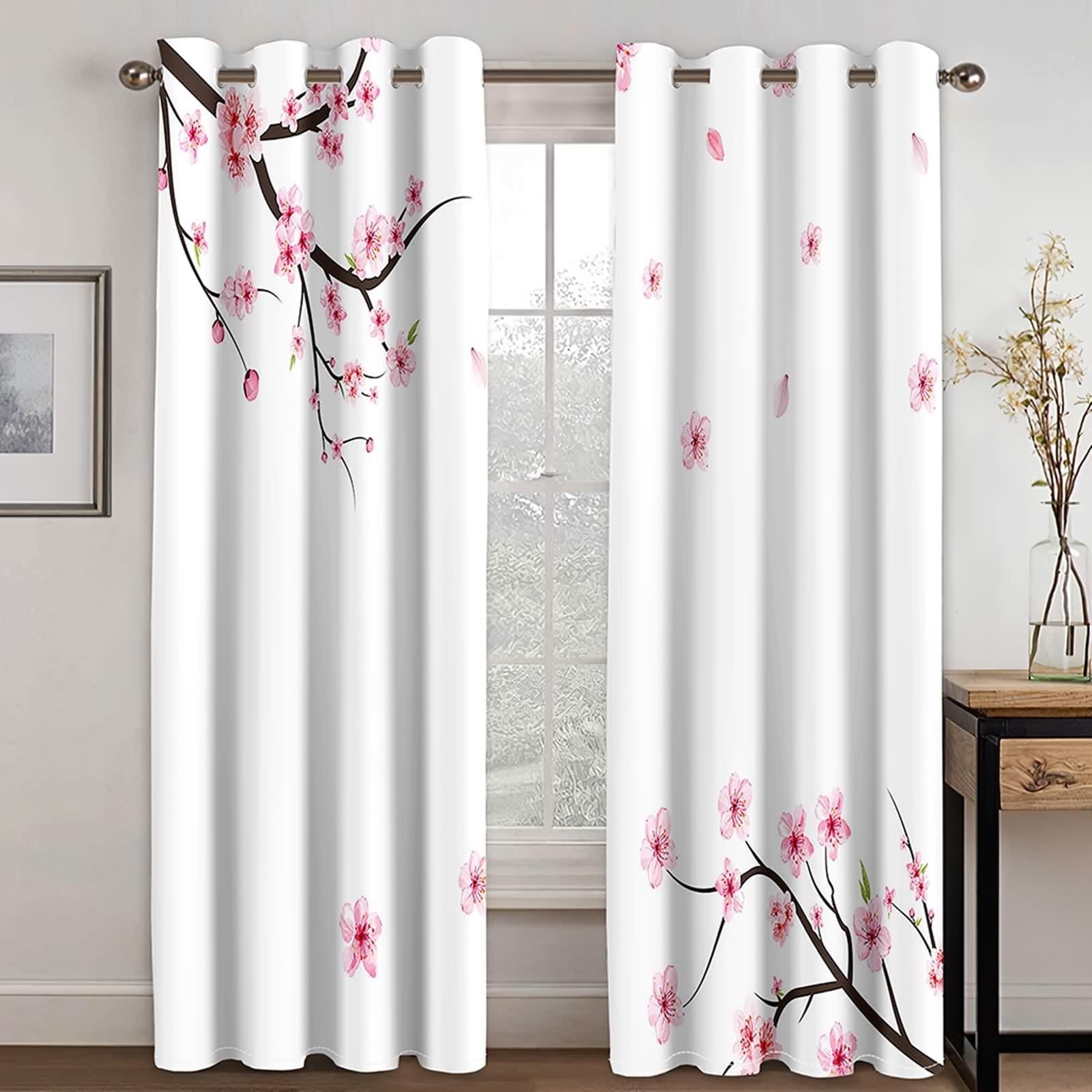 Rideau Anniversaire, Rideau Chambre Rose Noir Blanc Polyester Branches de Cerisier 152L x 244H CM Lot de 2