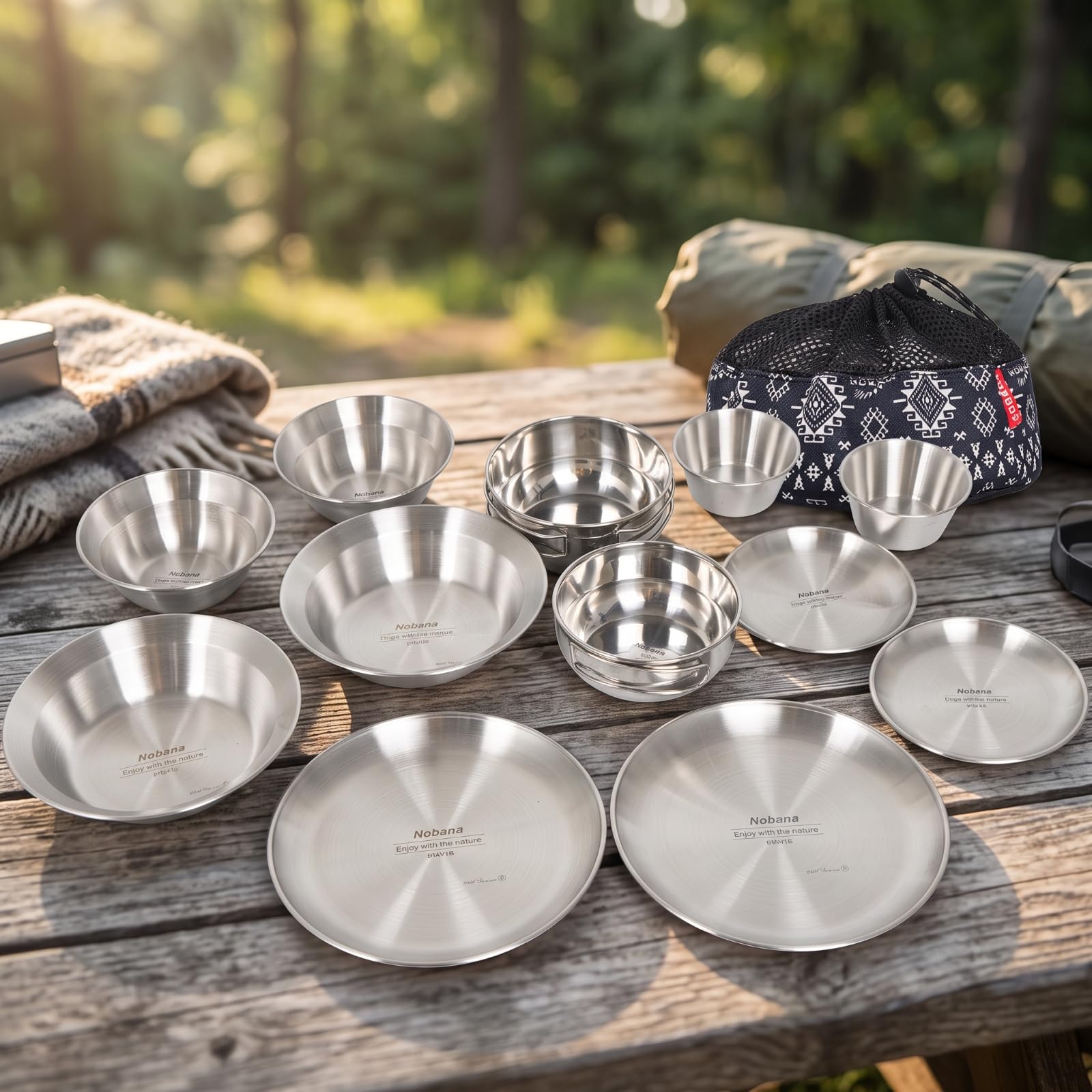 harayaa Vaisselle de Camping INOX Service Assiettes Bols Gobelets Kit Repas Extérieur Empilable Acier Inoxydable avec Pochette à Cordon Adaptée aux Excursions Plein Air Pique Nique Terrasse