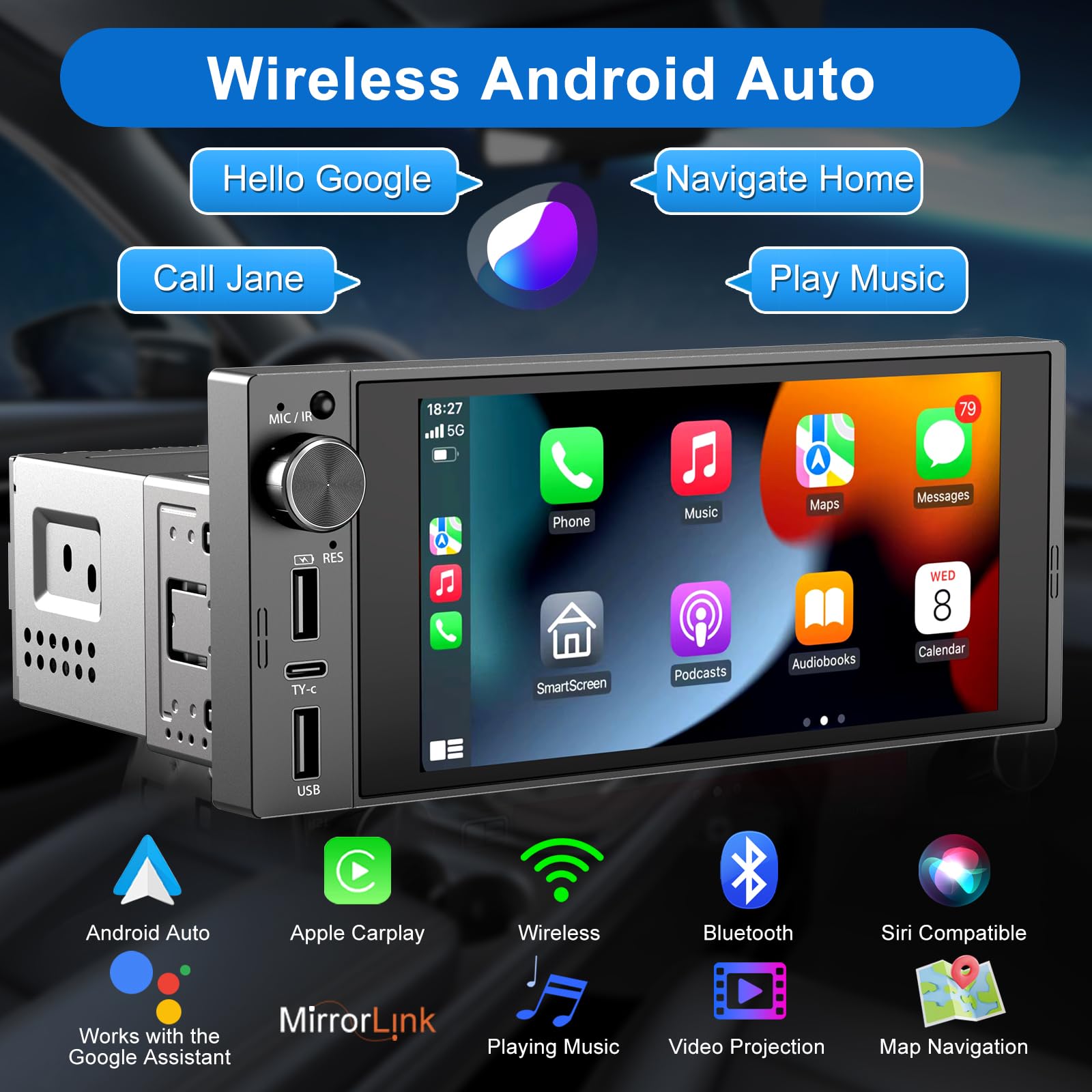 Single Din Touch Screen Radio Wireless Apple Car Play Android Auto
