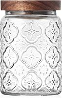 PENGSHU Vintage Begonia Glass Jar with Acacia Wood Lid - Airtight 24oz Canister for Kitchen Storage, Candy, Cookies, Coffee, Flour, Sugar (700ml)