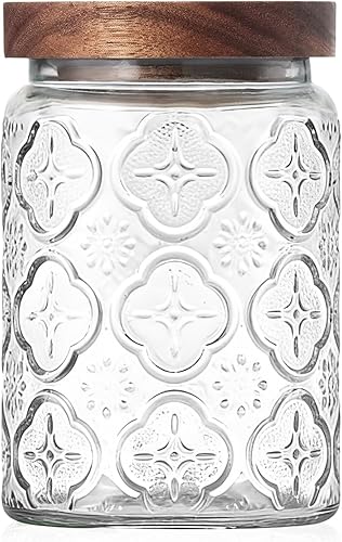 Tarro de vidrio vintage con tapa de madera, recipiente hermético de almacenamiento de 24 onzas para cocina, despensa, baño, recipientes decorativos