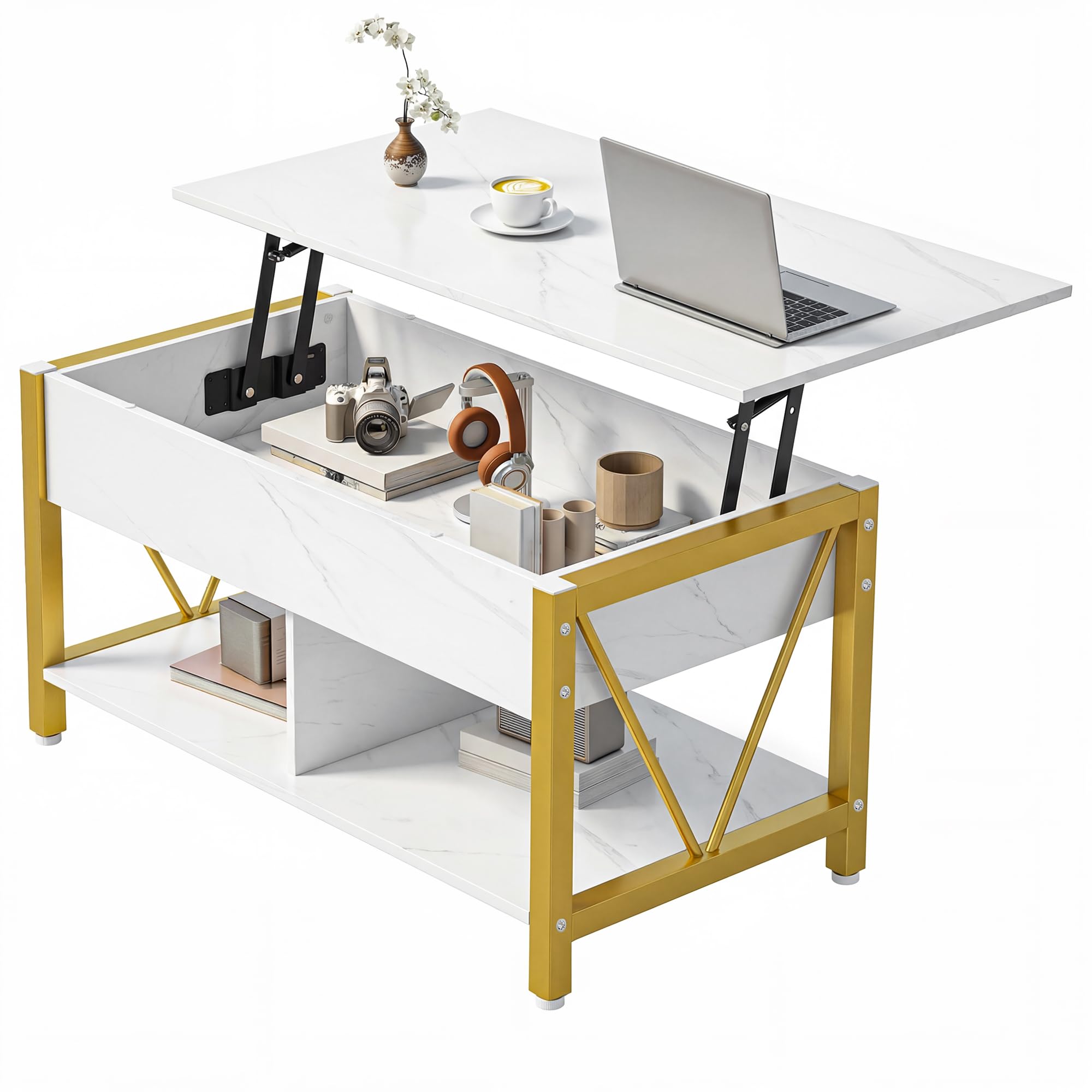 YITAHOME Lift Top Coffee Table, Easy-Lift, 2-Tier Storage, Adjustable Height with Hidden Storage Compartment and Shelf for Living Room, Office, White Marble โ image 1